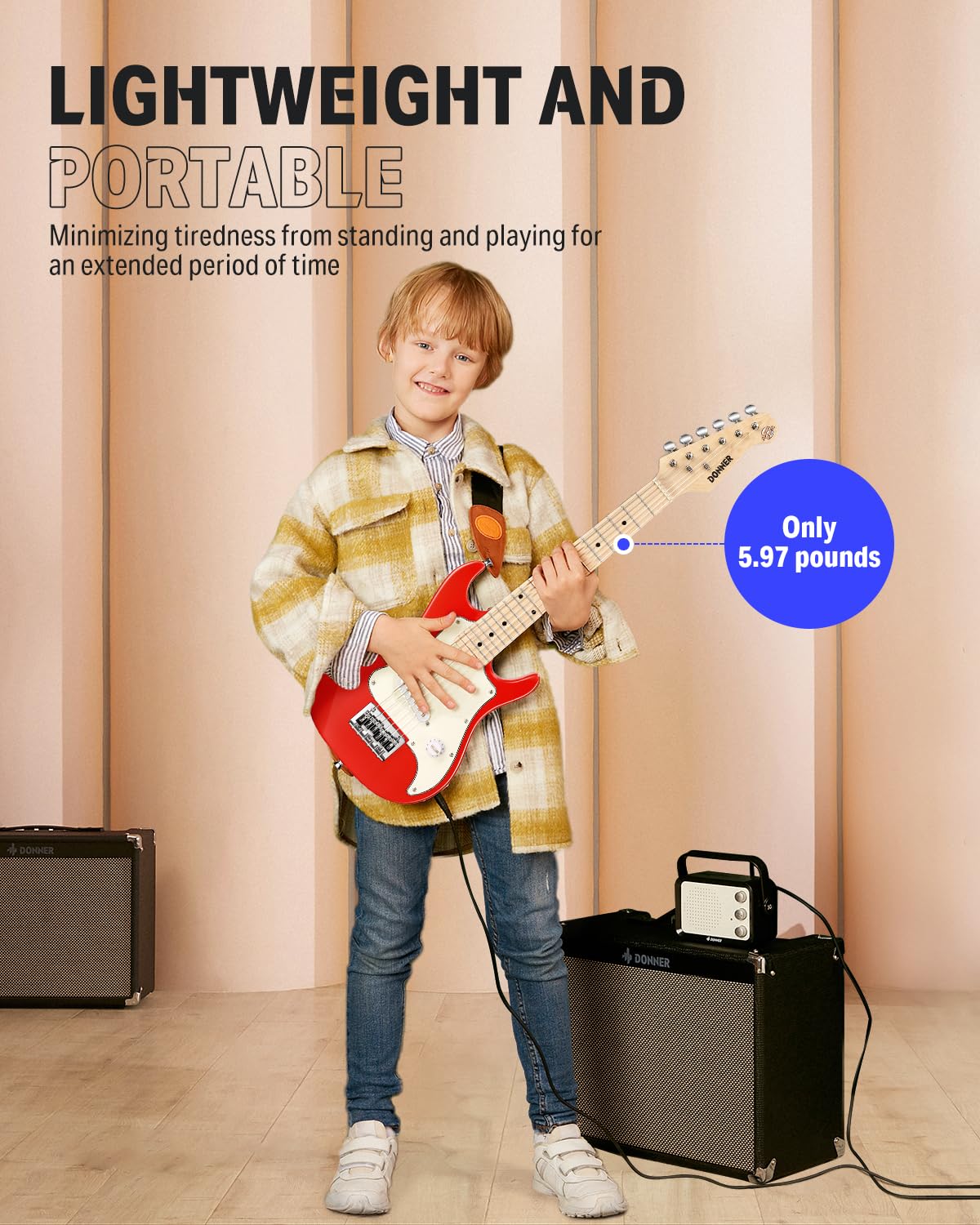 Donner 30 Inch Kids Electric Guitar Beginner Kit - ST Style Mini Electric Guitar for Boys & Girls with Amp, 600D Gig Bag, Digital Tuner, Picks, Cable, Strap & Extra Strings (DSJ-100, Red) - Perfect for Home Practice, Music Lessons & Rockstar Performances