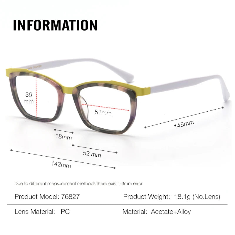 Stylish Aror Unisex Square Cat Eye Acetate Eyeglasses with Alloy Frame - Trendy Full Rim Glasses for Men & Women - Perfect for Reading, Work, and Fashion Accessories
