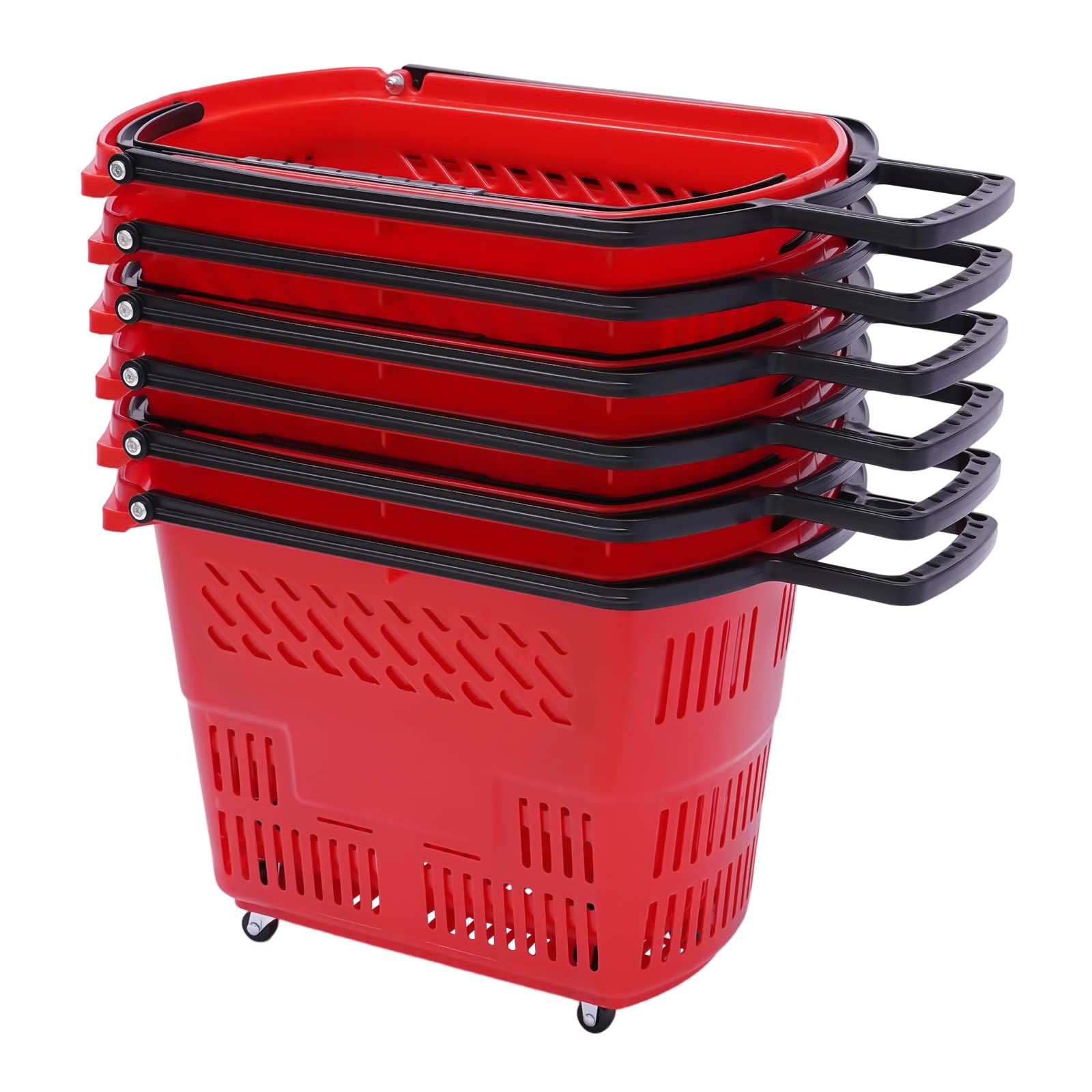 6-Pack 35L Red Plastic Rolling Shopping Baskets with Handles & Wheels - Portable Grocery Carts for Supermarkets, Retail Stores & Thrift Shops - Convenient Storage Solution for Shopping & Home Organization