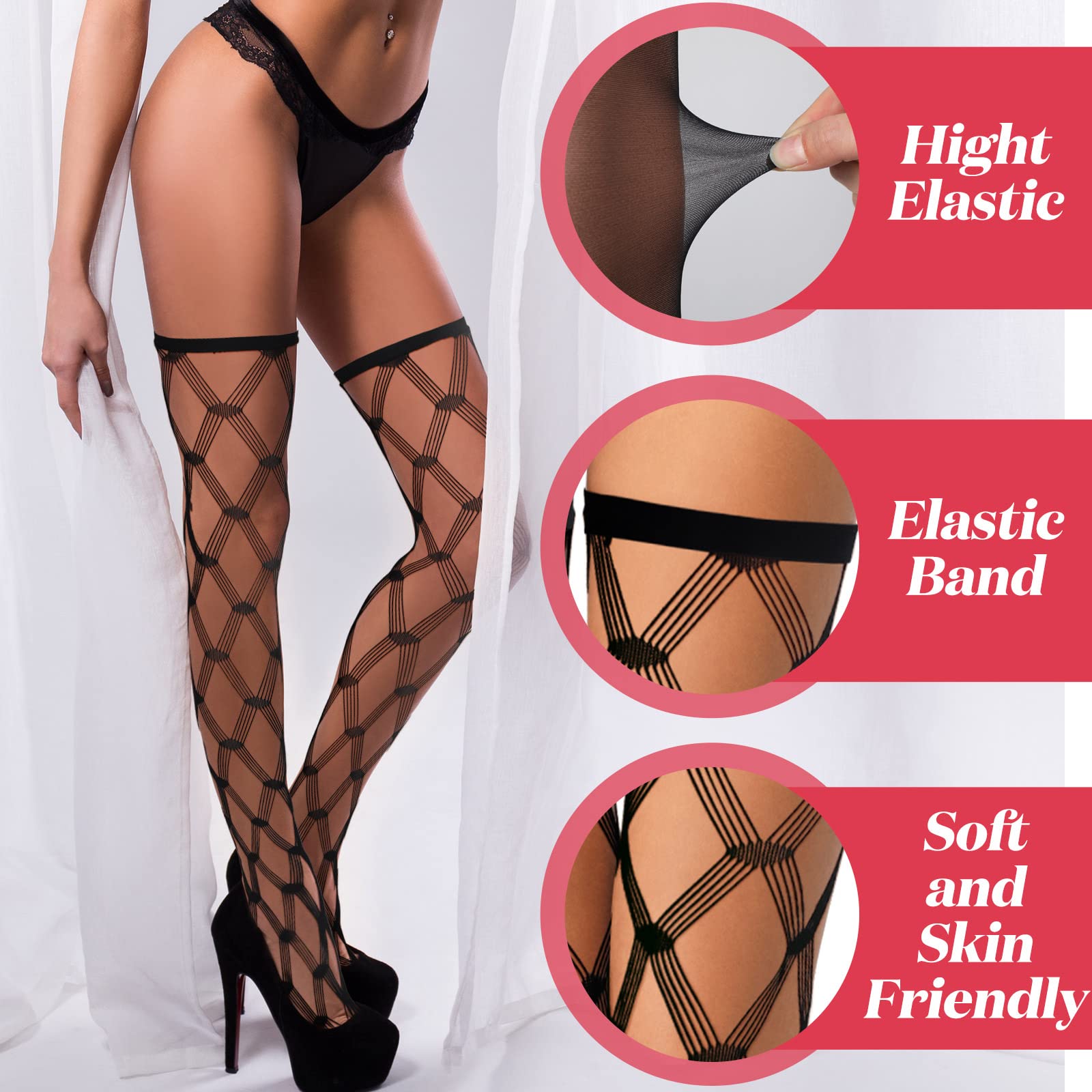Janmercy 6 Pairs Women's Fishnet Thigh High Stockings - Elastic Band Top, Sheer Over Knee Silky Stockings for Women | Perfect for Cosplay, Party, Halloween & Fashion Outfits