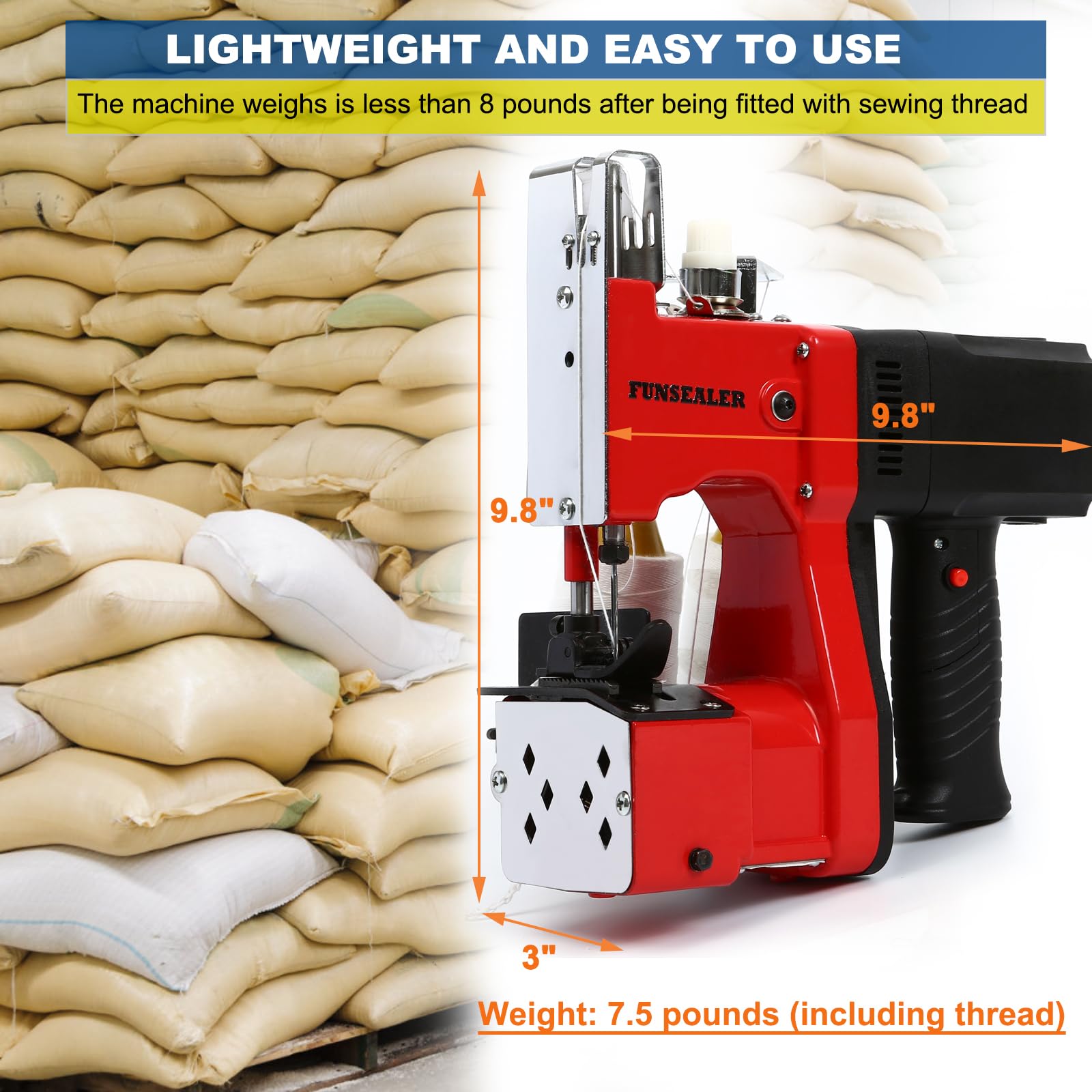 Heavy Duty Bag Sewing Machine for Burlap & Sand Bags - Industrial Bag Closing Stitcher with 2 Roll Threads - Perfect for Agriculture, Construction & Packaging Use