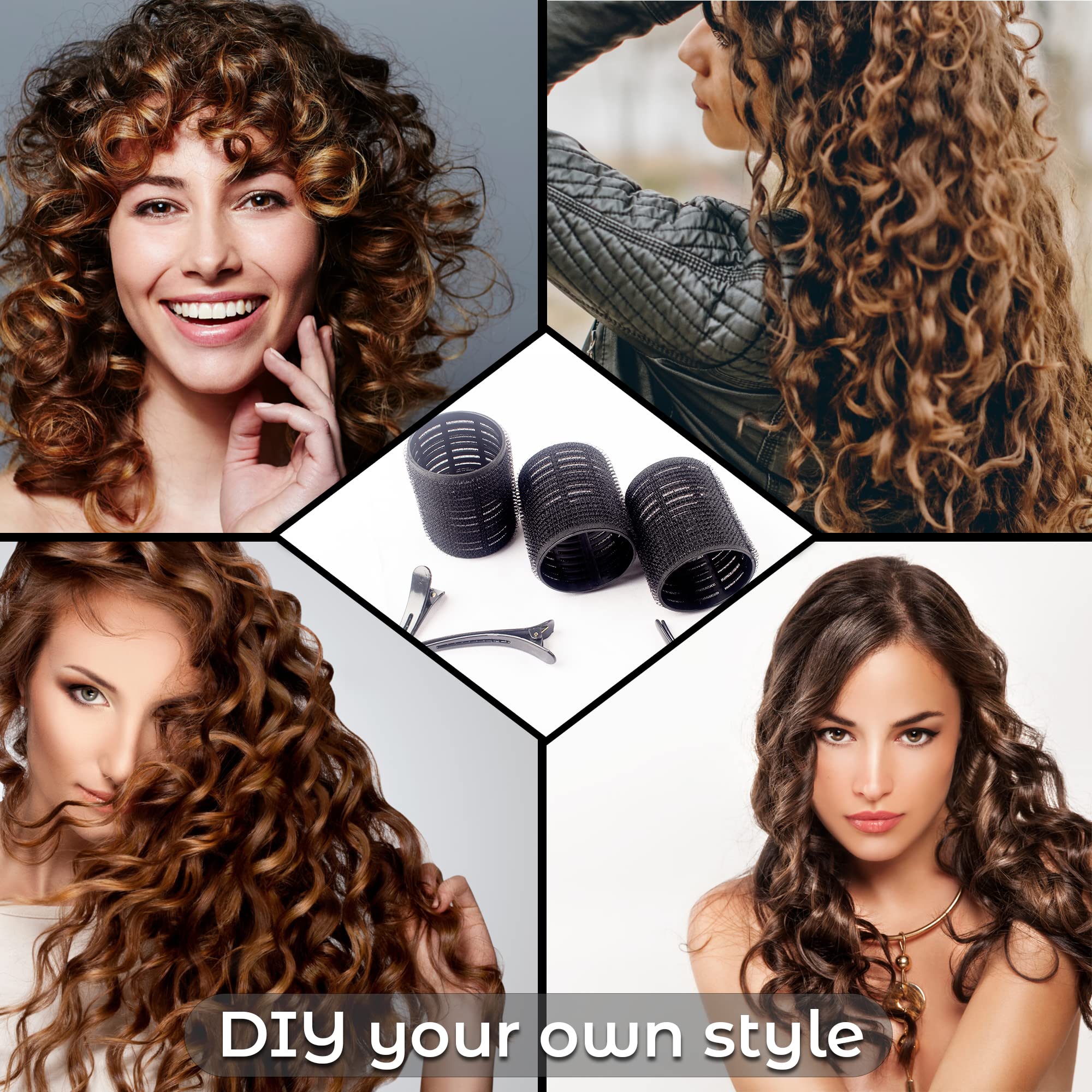 6PCS 50mm No Heat Hair Rollers with Clips - Black Velcro Rollers Set for Long, Medium & Short Hair - Includes Hair Ties, Braider & Comb - Perfect for Creating Volume, Curls & Bangs - Great for Home Styling, Salon Use & Special Occasions