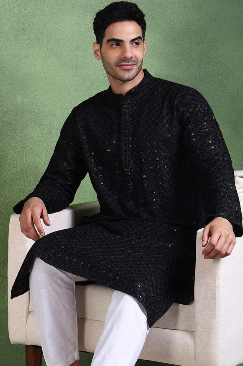 Elegant Black Chikankari Kurta for Men | Traditional Indian Embroidered Tunic | Perfect for Festivals, Weddings & Casual Wear