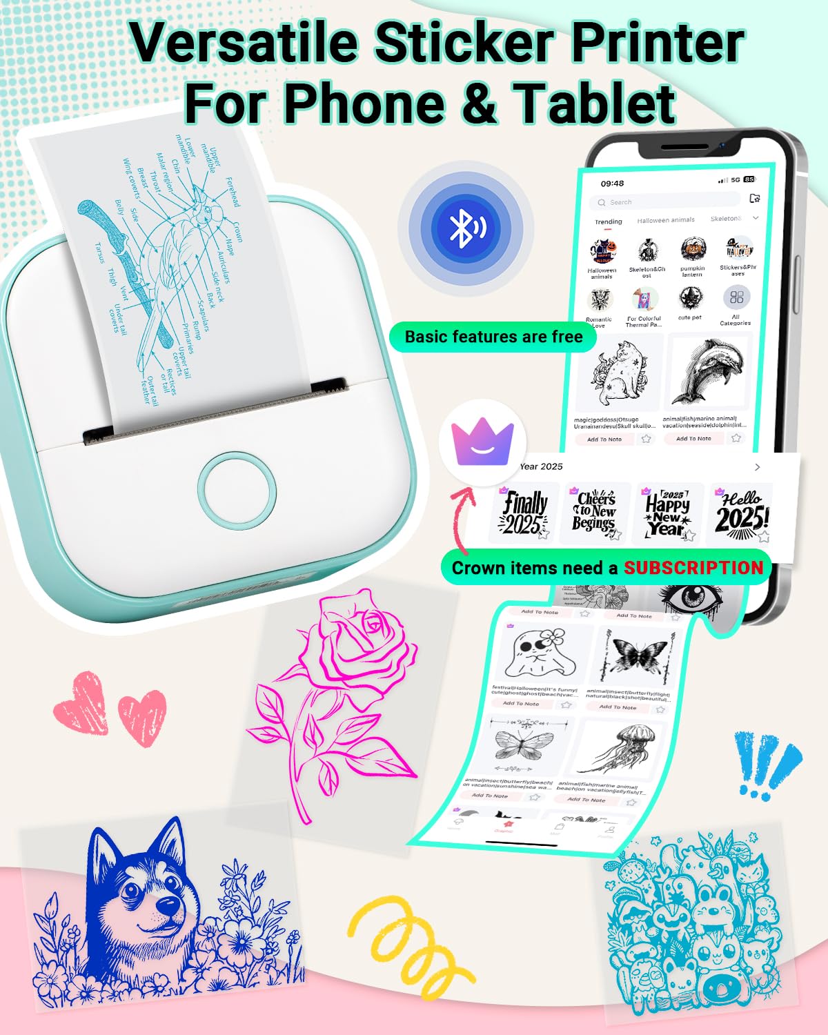 Print Pods Mini Thermal Printer - Portable Inkless Sticker Maker for Study Notes, Graphic Labels, Anatomical Diagrams & Receipts | Compact Phone Labeling Machine for Students, Office & Home Organization (Green)