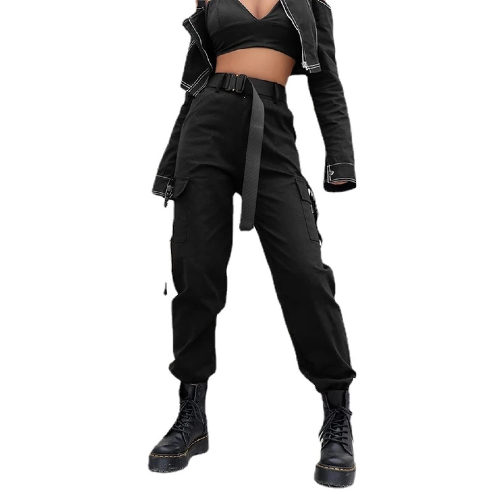 Rightyi Women's Big Pockets Cargo Pants - Elastic High Waist Loose Fit Streetwear Joggers | Summer Baggy Hip-Hop Trousers with Multiple Pockets | Perfect for Outdoor Activities, Workouts & Casual Wear