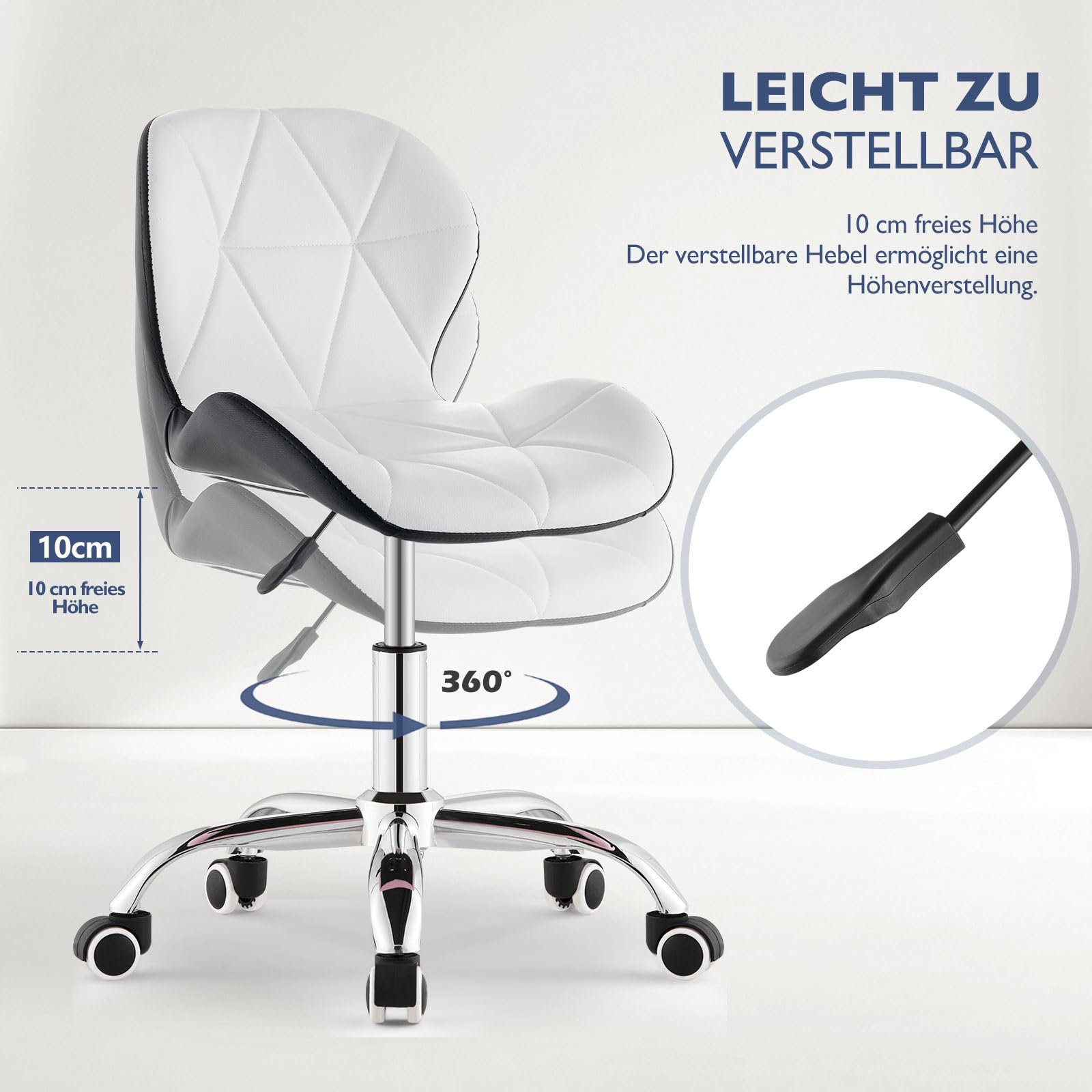CLIPOP Swivel Office Chair - Adjustable Leather Computer Chair, Comfortable Makeup Chair with Wheels for Bedroom, Living Room, Office (White+Black) - Perfect for Home Office, Gaming Setup & Vanity Area
