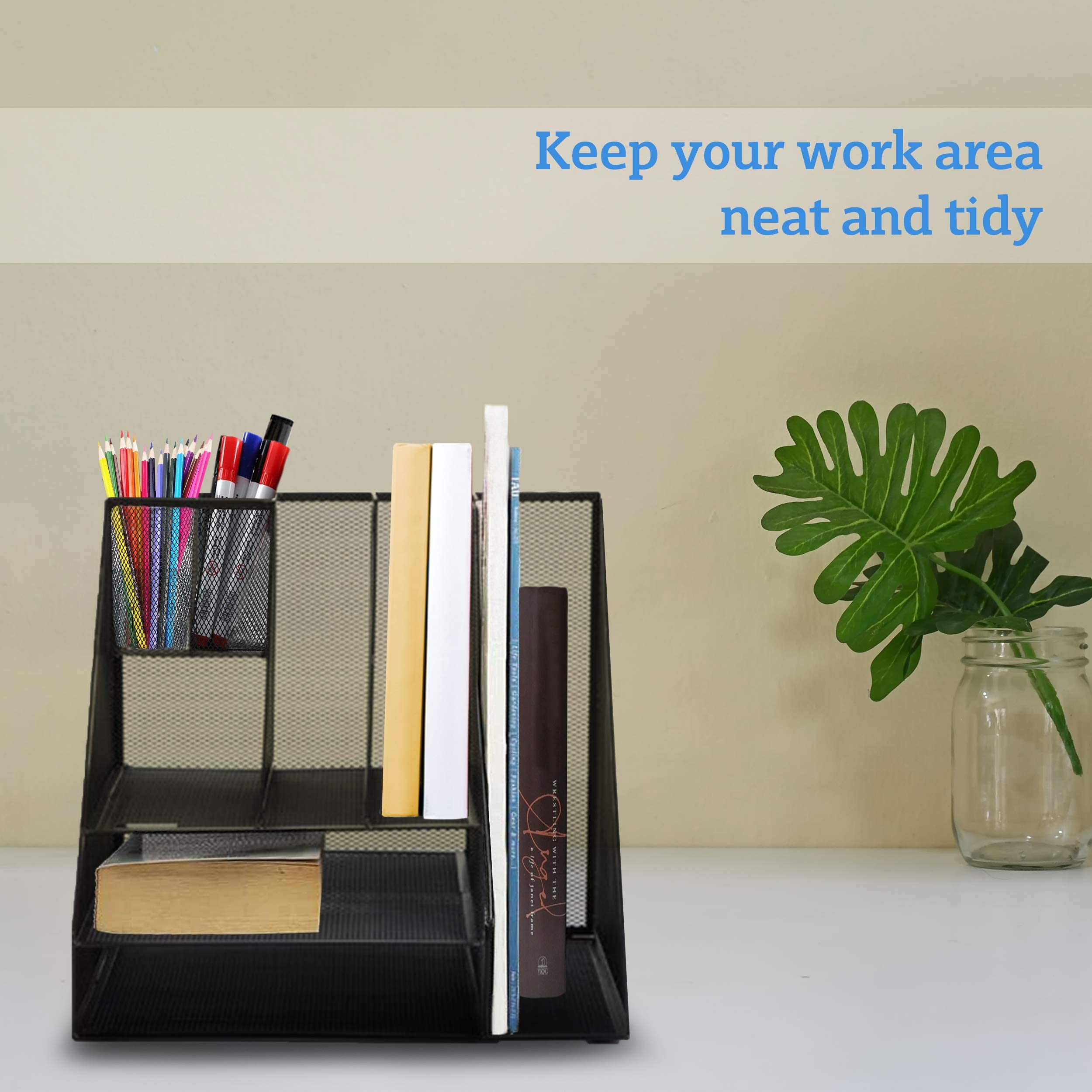 Mesh Desk Organizer with 8 Compartments - 2 Letter Trays, 4 Vertical File Holders & 2 Pen Holders - Office Supplies Organizer for Home & Office (Black) - Perfect for Decluttering Desks, Organizing Documents & Storing Stationery