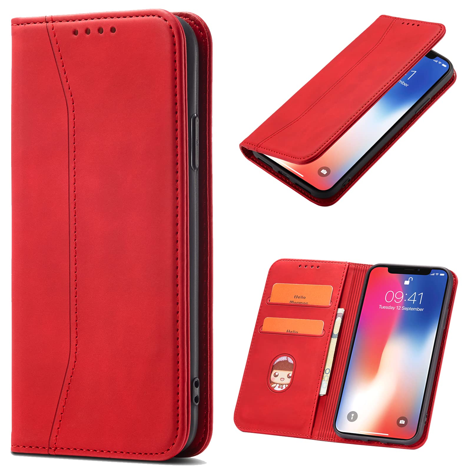 OKZone Magnetic Leather Wallet Case for iPhone 15 - Shockproof Flip Cover with Card Slots & Stand Function (Red) | Perfect for Business Professionals & Daily Commuters