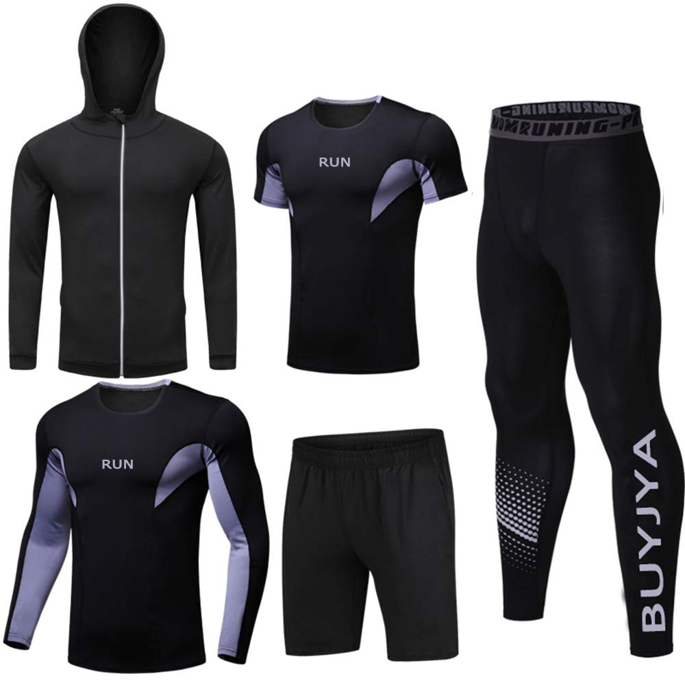 BUYJYA 5-Pack Men's Compression Workout Set - Long Sleeve Shirt & Pants for Gym, Running & Training | Moisture-Wicking Athletic Clothing for Valentine's Day Gifts & Fitness Enthusiasts