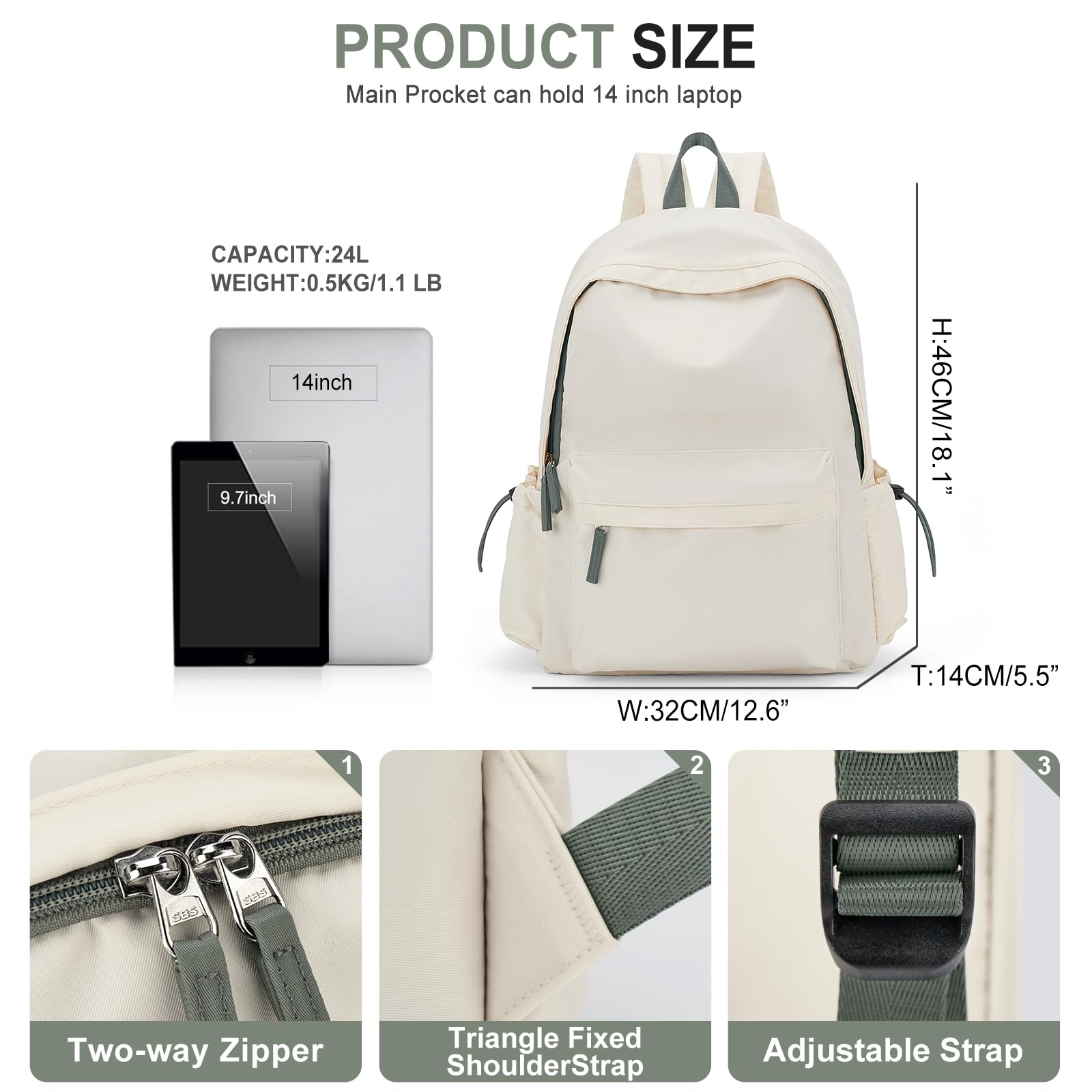 **Stylish Waterproof School Backpack for Girls & Boys - Lightweight Laptop Backpack for College & High School - Durable Casual Daypack (Beige/Green) - Perfect for Classes, Travel & Daily Commute**