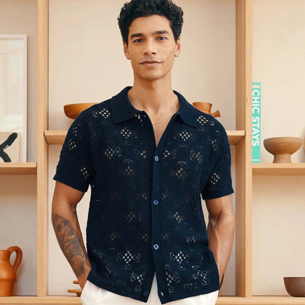FRESCOBAL CARIOCA Crochet Button-Down Shirt for Women - Navy Blue Cotton Blouse with Boho Embroidery | Perfect for Beach Vacations, Summer Outfits & Boho Fashion Style