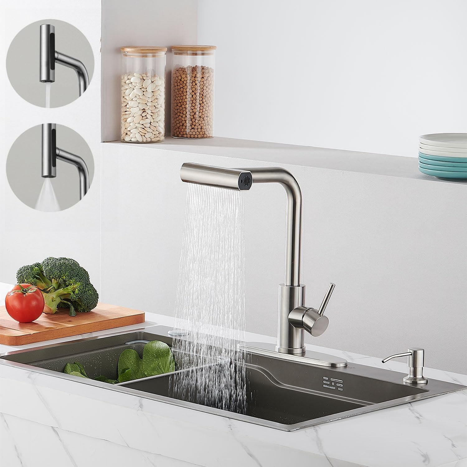 YUUTY Modern Brushed Nickel Kitchen Faucet with Pull Down Sprayer - 360° Swivel Single Handle Waterfall Sink Faucet for 1 or 3 Hole Installation (4 Function Spray Modes) - Perfect for Home Kitchen Renovation & Daily Cooking Tasks