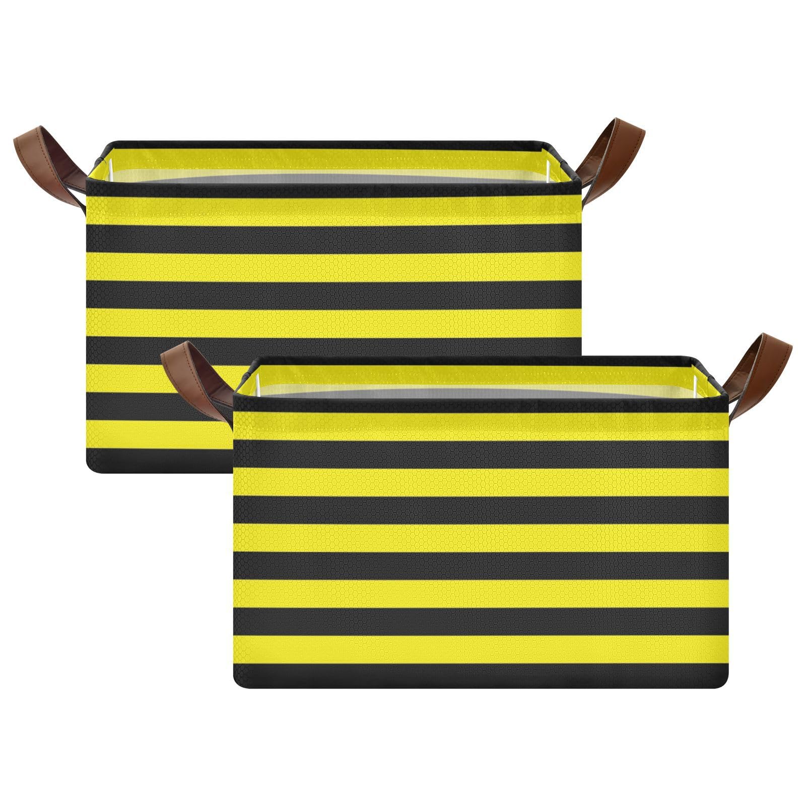 Yellow and Black Stripe Fabric Storage Baskets with Handles - 2 Pack Large Decorative Cube Bins for Closet, Shelf, Dresser Organization | Perfect for Bedroom, Nursery, and Living Room Storage Solutions