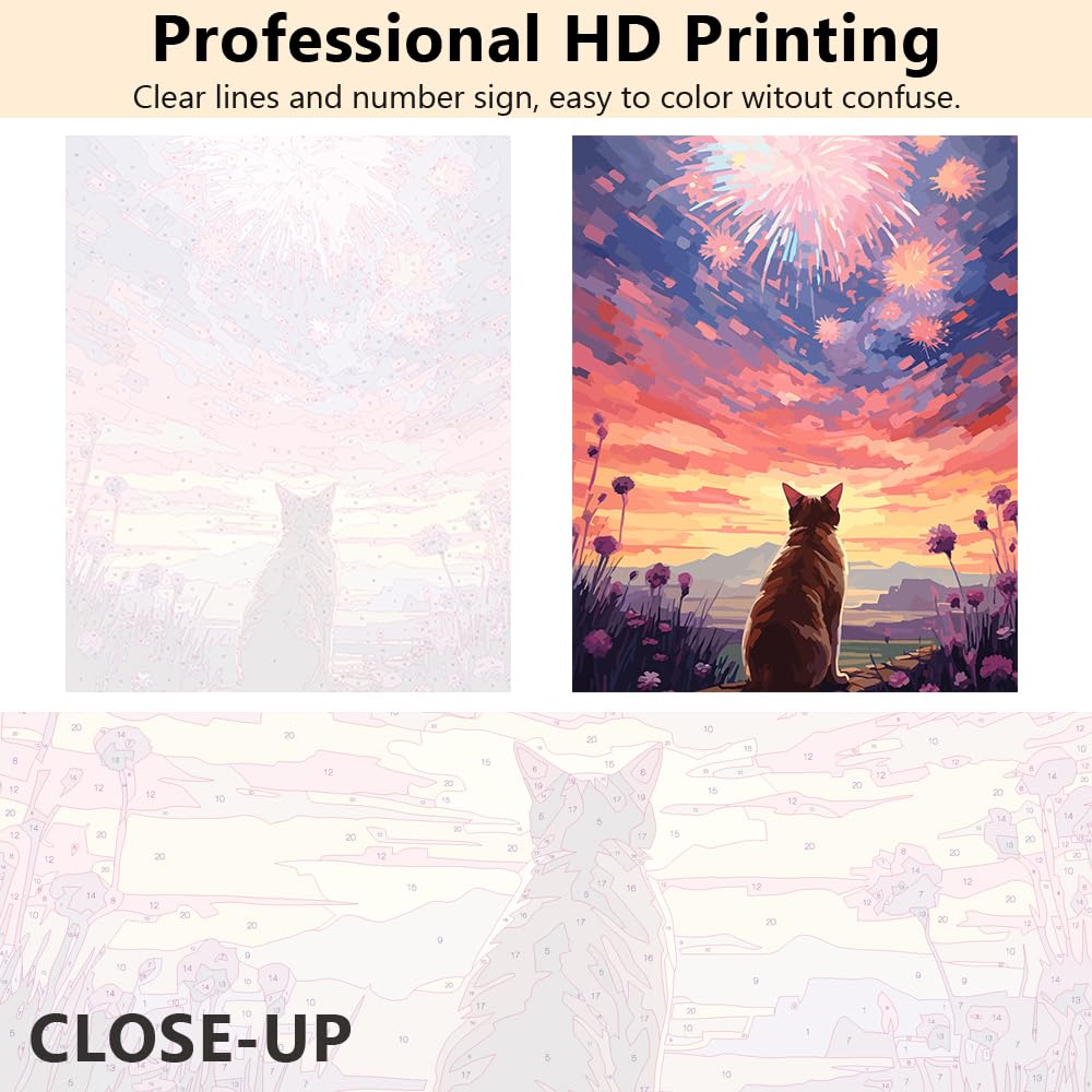 TUMOVO Paint by Numbers Kit for Adults & Kids - Cat, Fireworks, Starry Sky Canvas Painting (16x20 Inch, No Frame) - Perfect for Relaxation, Home Decor & Family Bonding Activities