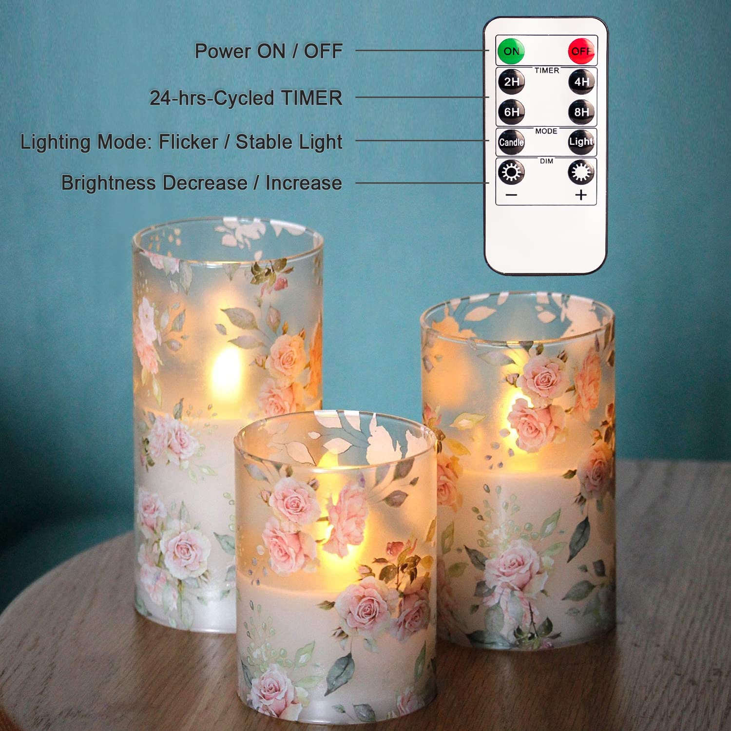 Realistic Pink Rose Flameless LED Candles with Remote - Battery Operated Flickering Glass Pillar Candles for Romantic Bedroom Decor, Wedding Centerpiece & Home Table Decoration