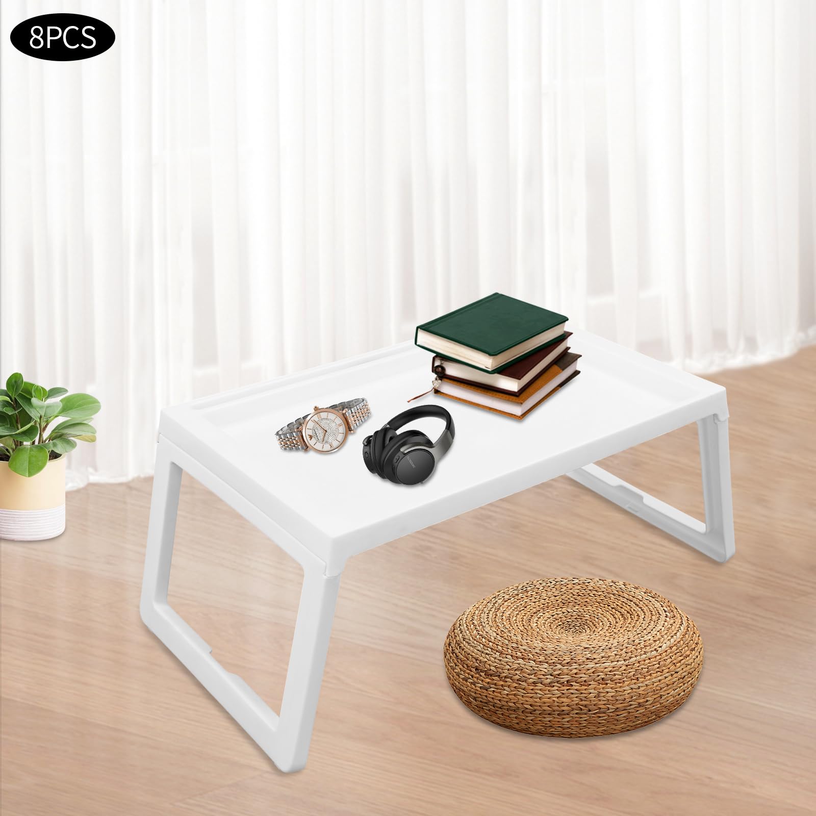 **Foldable Bed Tray Table with Adjustable Legs - Set of 8 Portable TV Trays for Eating, Working & Studying - 25.6 x 14 Inch Lightweight Plastic Lap Desk - Perfect for Kids, Adults in Bedroom, Living Room, Sofa & Office (White, 8-Pack)**    *(Ideal for breakfast in bed, remote work, laptop use, snacks, crafts, and study sessions!)*