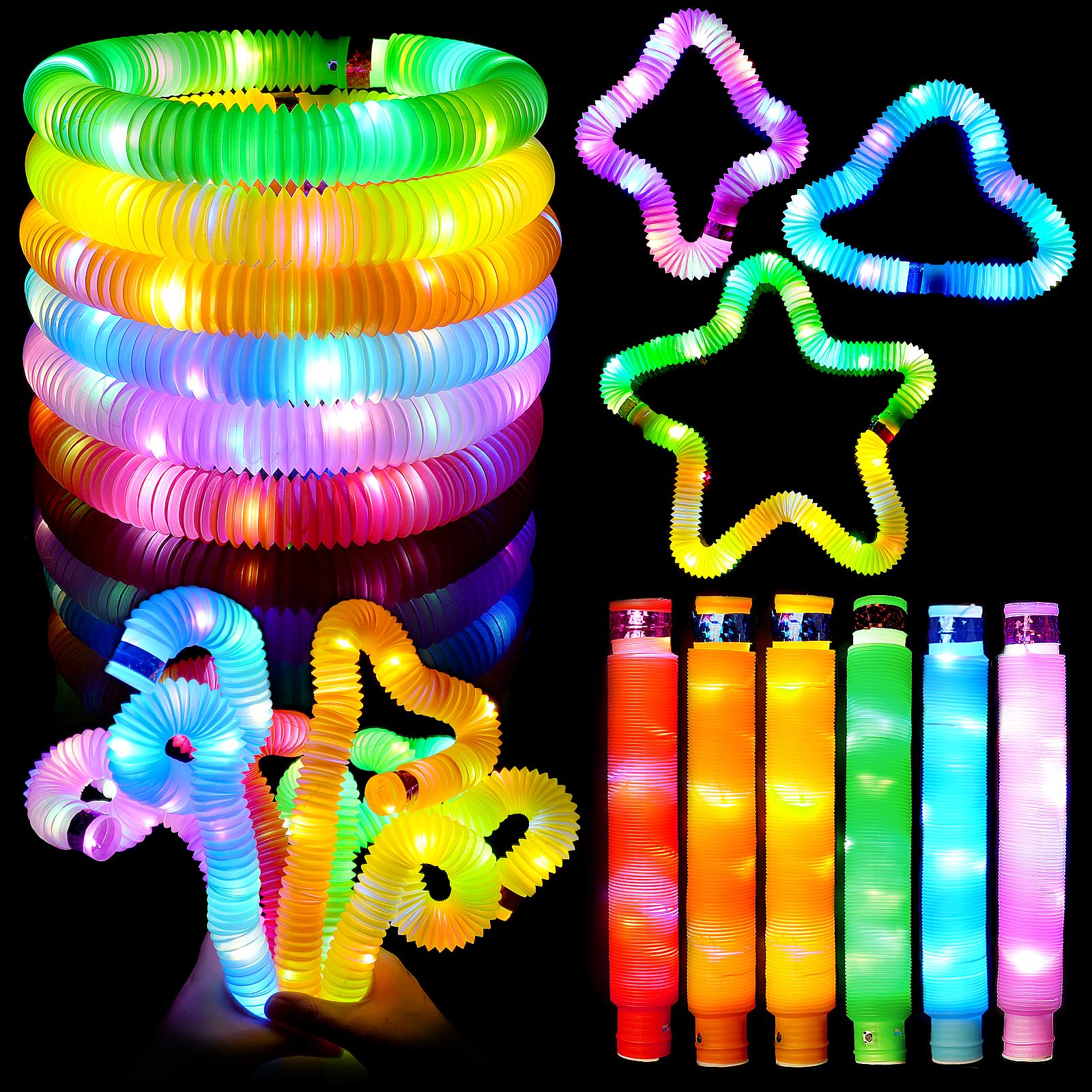 **6 Pack LED Light Up Pop Tubes Fidget Toys for Kids - Sensory Toys, Glow in The Dark Stress Relief Toys for Toddlers & Adults - Perfect for Party Favors, Stocking Stuffers, Classroom Prizes & Anxiety Relief**