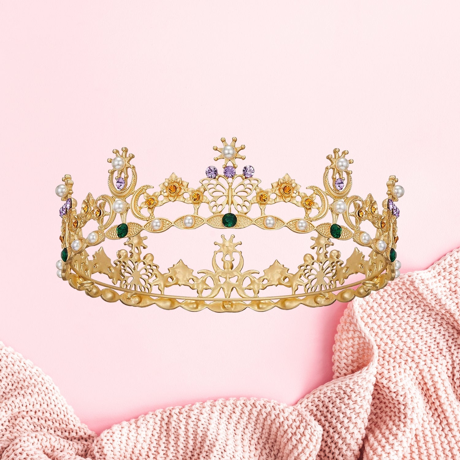 Gold Queen Crown Tiara with Butterfly Rhinestones - Vintage Bridal Wedding Headpiece for Women & Girls - Perfect for Pageants, Prom, Costume Parties & Special Occasions