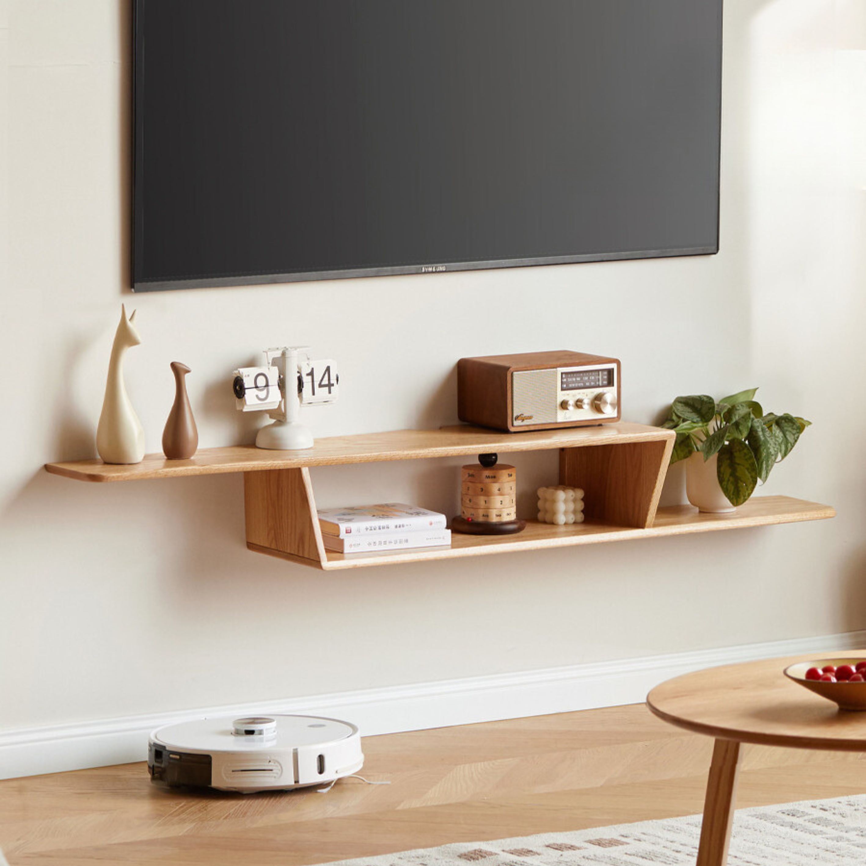 Solid Oak Wood Floating TV Stand - Narrow Wall Mounted Entertainment Center for Living Room & Bedroom - Modern Rustic TV Cabinet with Shelf Storage