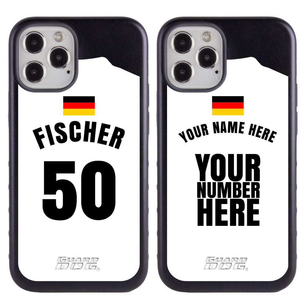Custom Germany Flag Soccer Jersey iPhone 12/12 Pro Case - Personalized Sports Phone Cover with Your Name & Number - Black/Dark Blue - Perfect for Soccer Fans, Game Days & Team Spirit