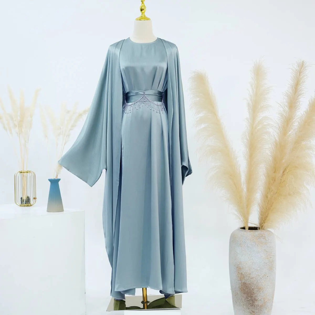 Wrinkle-Free Satin 2-Piece Open Abaya Dress Set #24806 - Elegant Muslim Prayer Dress for Women, Perfect for Special Occasions & Daily Wear