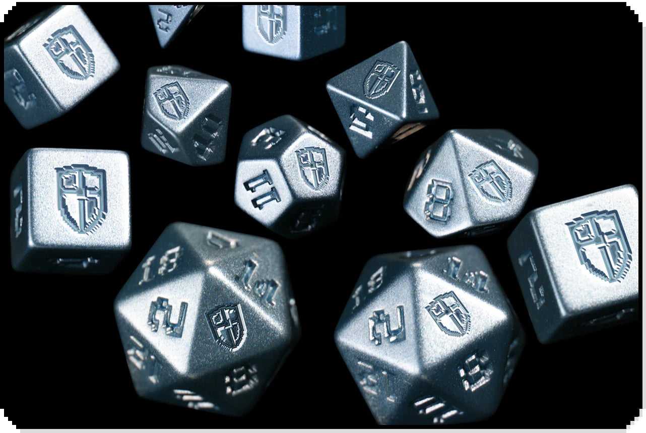 1UP Dice Polyhedral Set: Radiant Shield Silver Edition - 7-Piece RPG Dice for Dungeons & Dragons, Pathfinder, MTG - Perfect for Tabletop Gaming, Collectors & Gift Giving