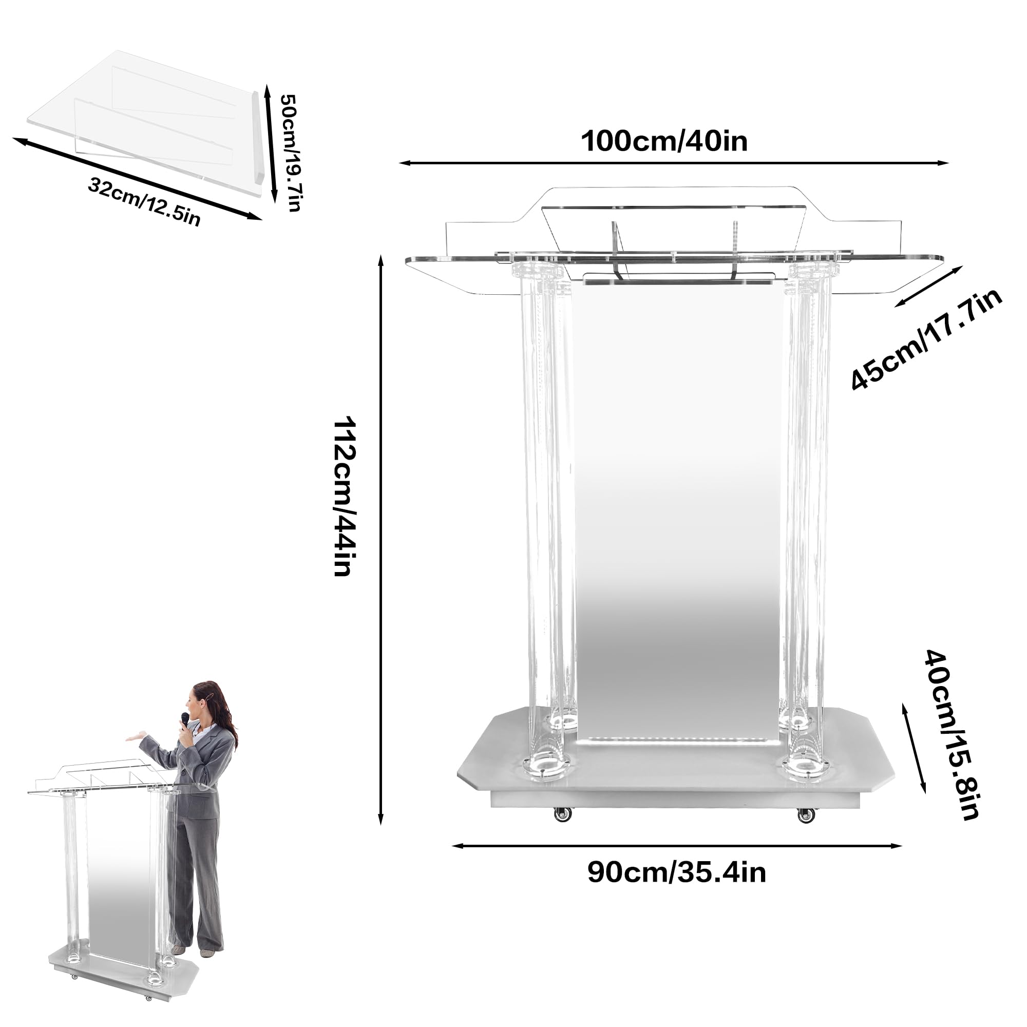 Custom Acrylic Podium Stand with LED Lights & Wheels - Personalized Church Pulpit with Engraved Logo - Portable Lectern for Office, Classroom & Events - Perfect for Sermons, Presentations & Public Speaking