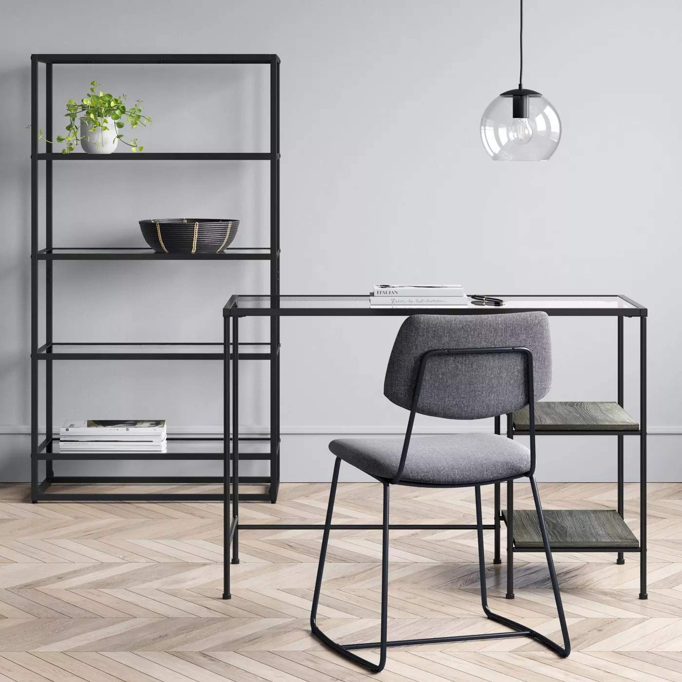 Fulham Modern Glass Top Desk with Wood Shelves - Black Home Office Desk for Small Spaces, Perfect for Study, Work, and Home Office Setup