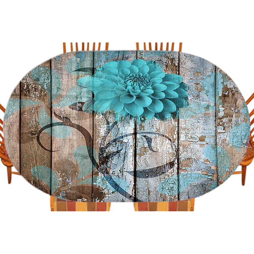 Teal Dahlia Oval Elastic Fitted Tablecloth - Stretchable Rustic Floral Table Cover for 48x68 Inch Kitchen Dining Table | Perfect for Country Style Decor, Outdoor Picnics & Farmhouse Events