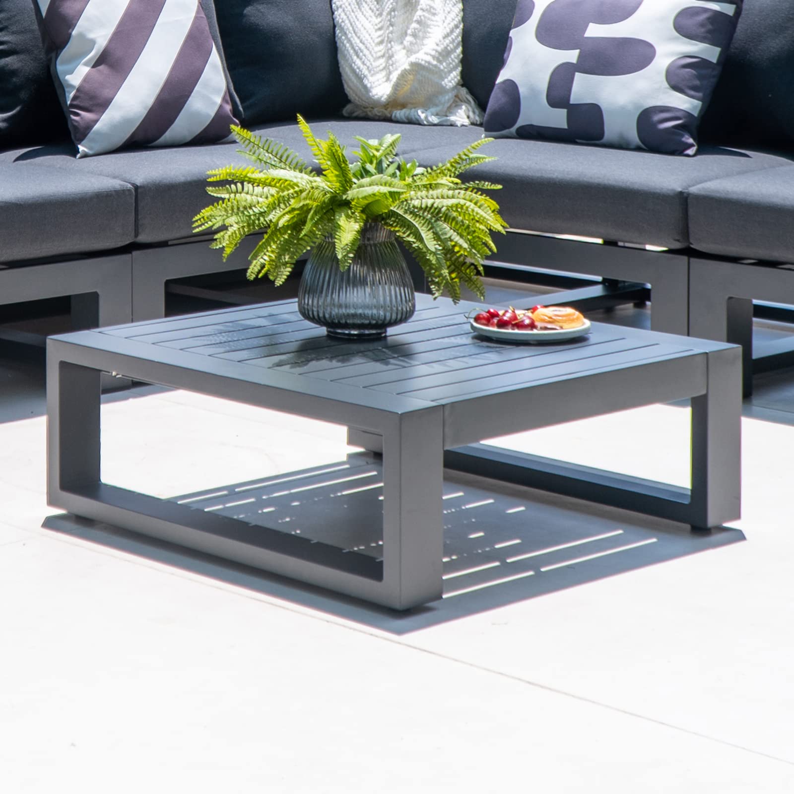 Outdoor Aluminum Side Table - Square Patio End Table with Slat Top for Bistro, Cafe & Garden - Grey Frame Coffee Table - Perfect for Outdoor Dining, Poolside Lounging & Backyard Decor