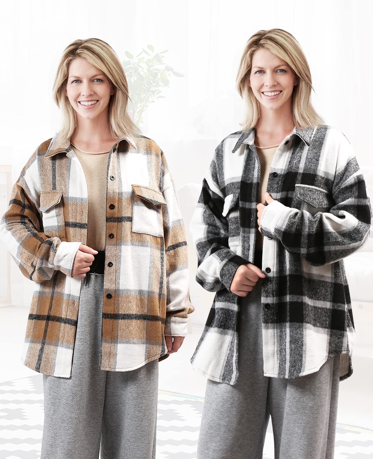 VeMee Women's Casual Wool Blend Plaid Brushed Pocketed Down Lapel Shirt Jacket - Loose Fit Button Coat for Winter, Spring & Fall - Perfect for Office, Travel and Outdoor Activities