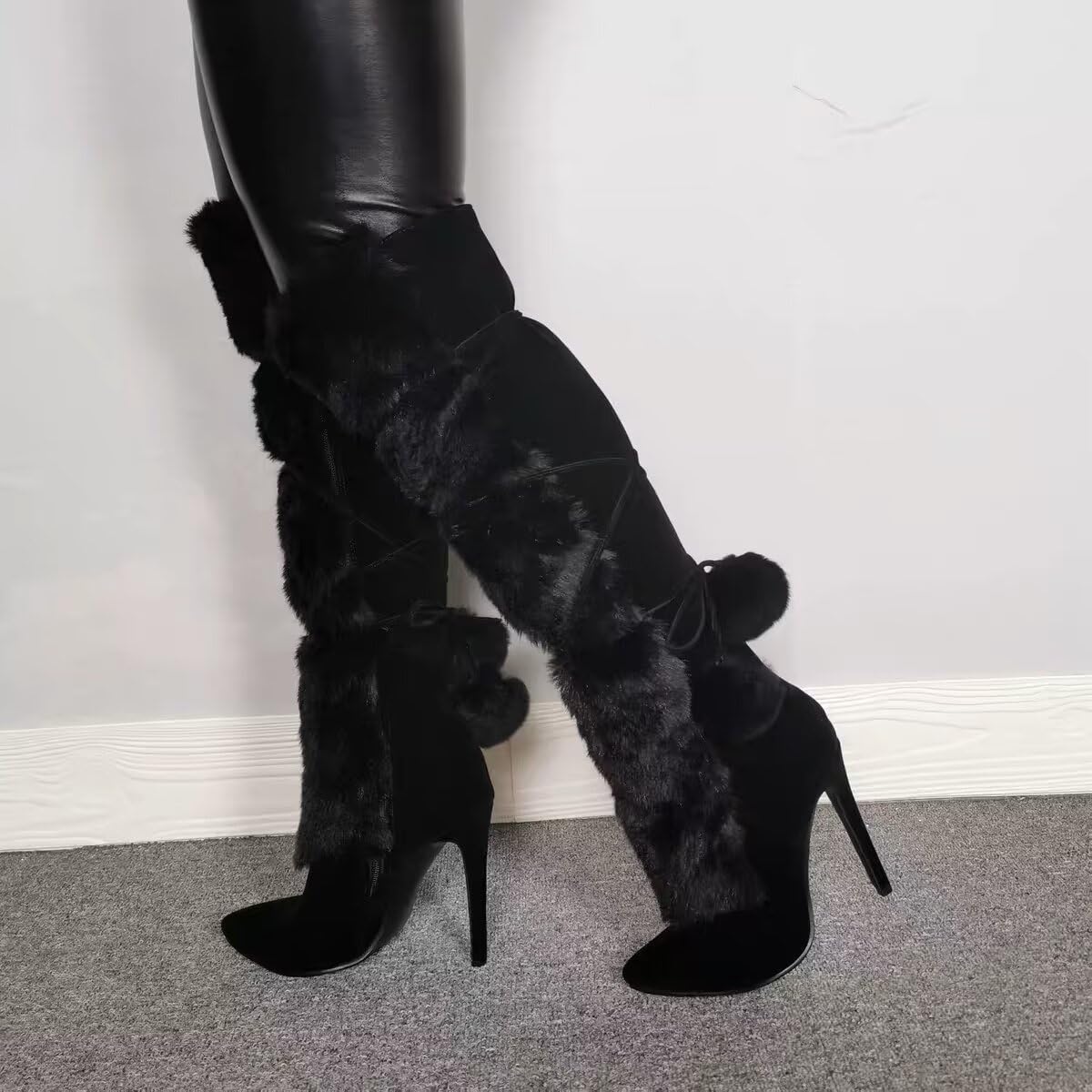 Frankie Hsu Women's Faux Fur Knee High Winter Boots - Sexy Plush Fuzzy Wide Calf Long Boots for Big Size US 4-14 - Perfect for Cold Weather, Snow Days & Fashion Outfits