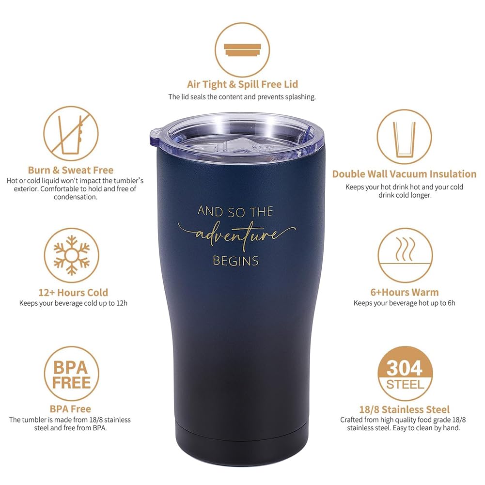 Adventure Begins Tumbler - Vacuum Insulated Stainless Steel Travel Mug with Straw for Graduation, New Job Gifts (Midnight) - Perfect for Coffee, Tea & Cold Drinks on the Go