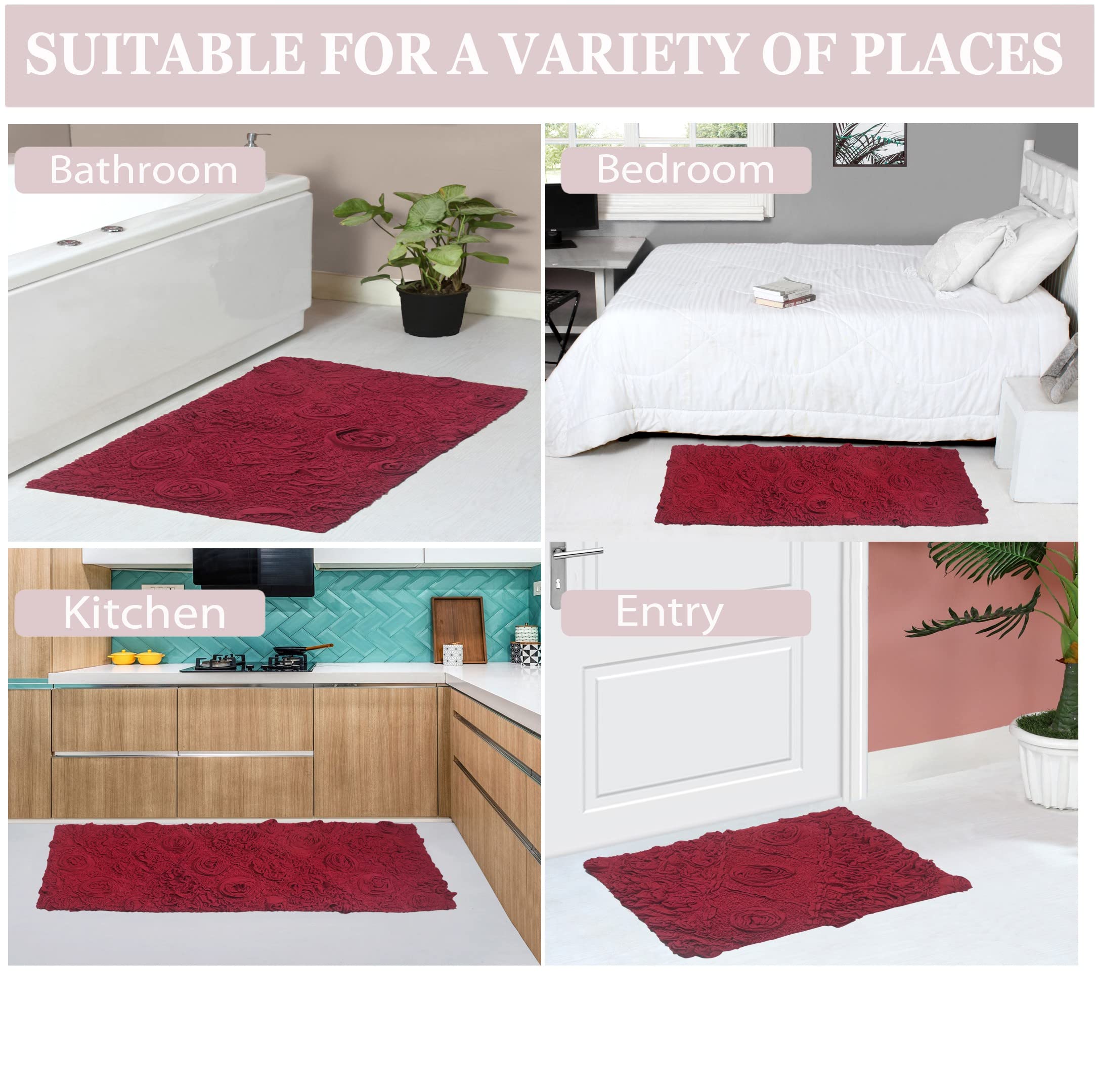 Premium 5-Piece Cotton Bath Rug Set - Ultra Soft, Absorbent & Non-Slip Bathroom Mats for Shower, Tub & Kitchen - Machine Washable Contour Design in Red - Home Weavers Modesto Collection - Perfect for Bathroom Safety & Comfort