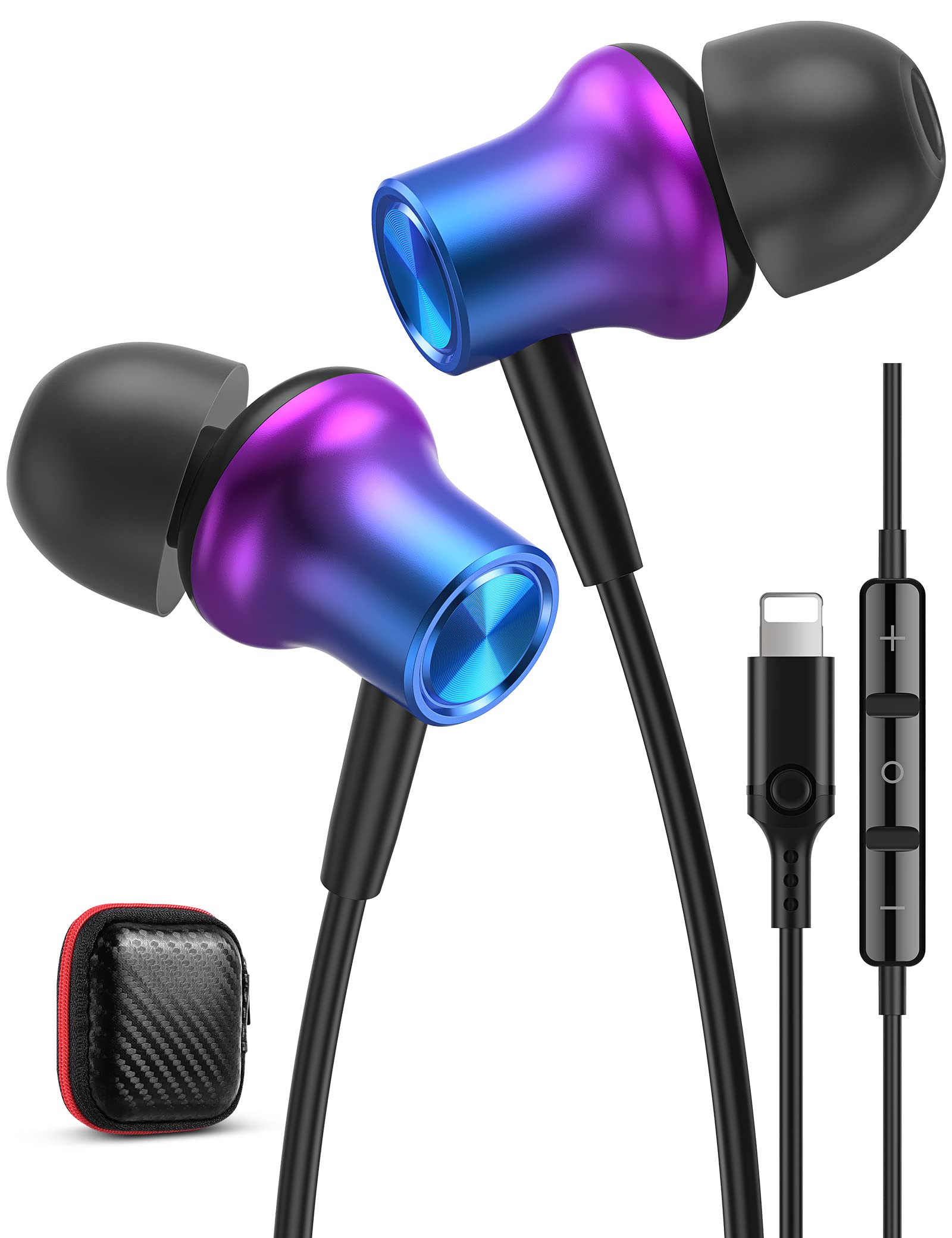 Magnetic HiFi Stereo Wired Earbuds with Microphone - MFi Certified Lightning Earphones for iPhone 14/13/12/11/XS/XR - iMangoo Bass Boosted Headphones with Volume Control (Purple) - Perfect for Commuting, Workouts & Gaming