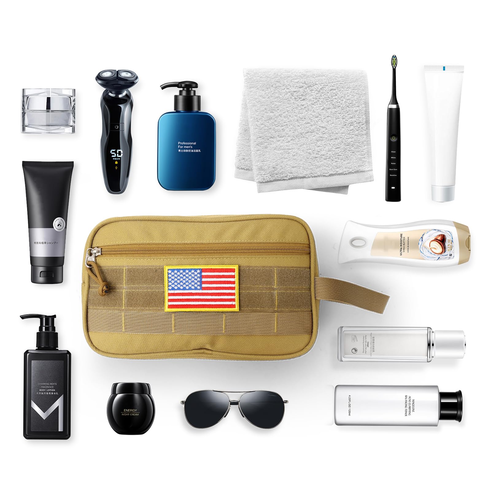 3-Layer Water-Resistant Travel Toiletry Bag for Men & Women - Dry/Wet Separate Shaving Dopp Kit with MOLLE System (Brown) | Perfect for Camping, Gym, Business Trips & Airplane Carry-On