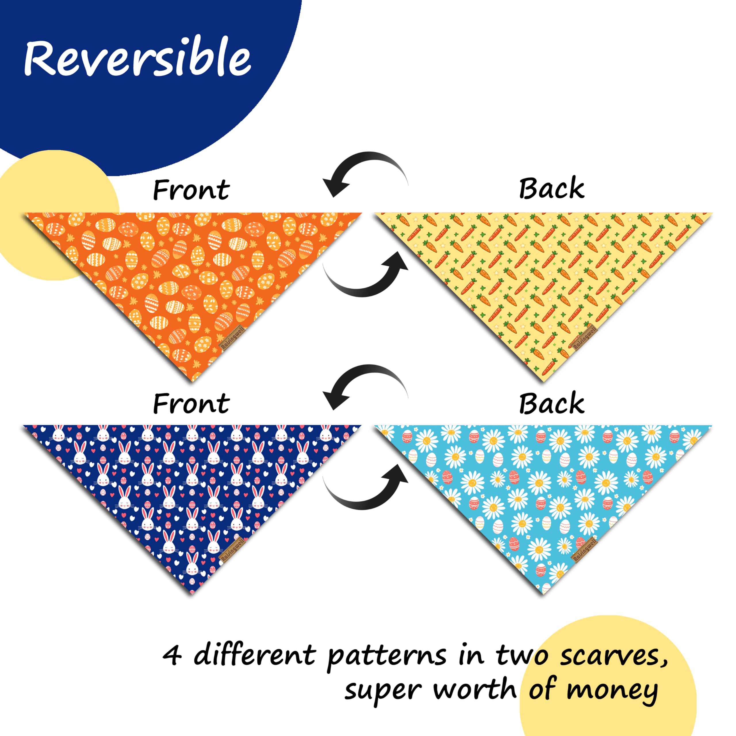 Easter Dog Bandanas 2 Pack - Reversible Holiday Bandana for Small to Medium Dogs - Premium Durable Fabric - 4 Cute Spring Patterns for Boy and Girl Pets - Perfect for Easter Celebrations, Spring Walks, and Photo Shoots