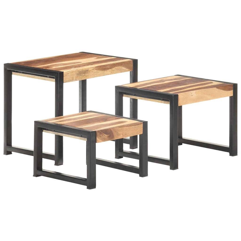 Industrial Style Wooden Nesting Tables Set of 3 - Solid Sheesham Wood Side Tables for Living Room, Bedroom & Office - Multi-Functional Coffee Table, Telephone Stand & End Table - Perfect for Small Spaces & Home Decor