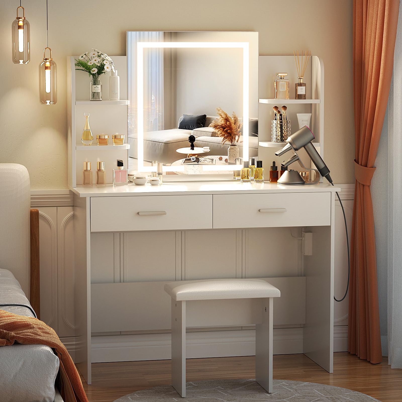SMOOL Vanity Makeup Desk with Lighted Mirror, Power Outlet & Storage - 3 Color LED Lights, Adjustable Brightness, 6 Shelves, 2 Drawers & Stool - Perfect for Bedroom, Dressing Room & Beauty Salon (White)