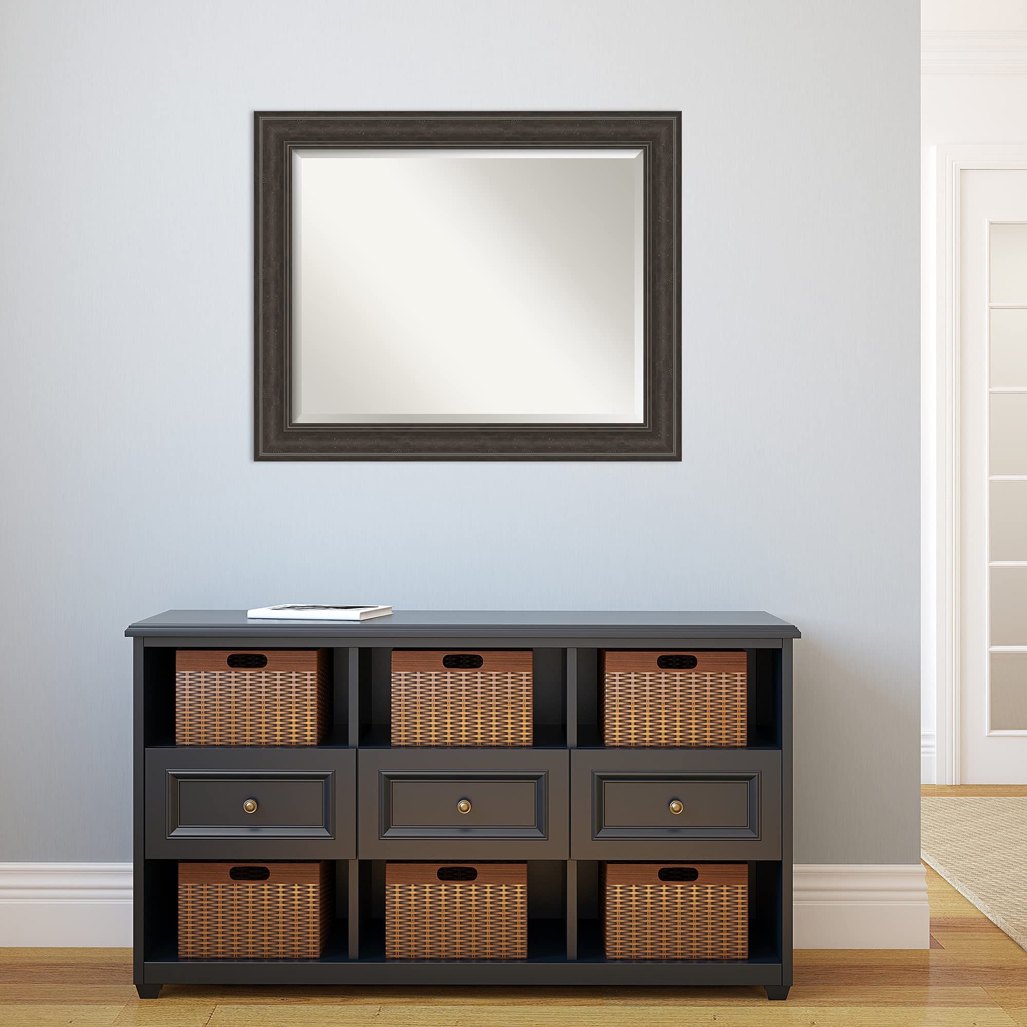 Amanti Art 28x34 Inch Brown Wall Mirror with Beveled Edge - Traditional Shipwreck Greywash Rectangle Bathroom & Living Room Decor - Hangs Horizontally or Vertically - Perfect for Bathroom Vanity, Entryway, Bedroom & Wall Decor