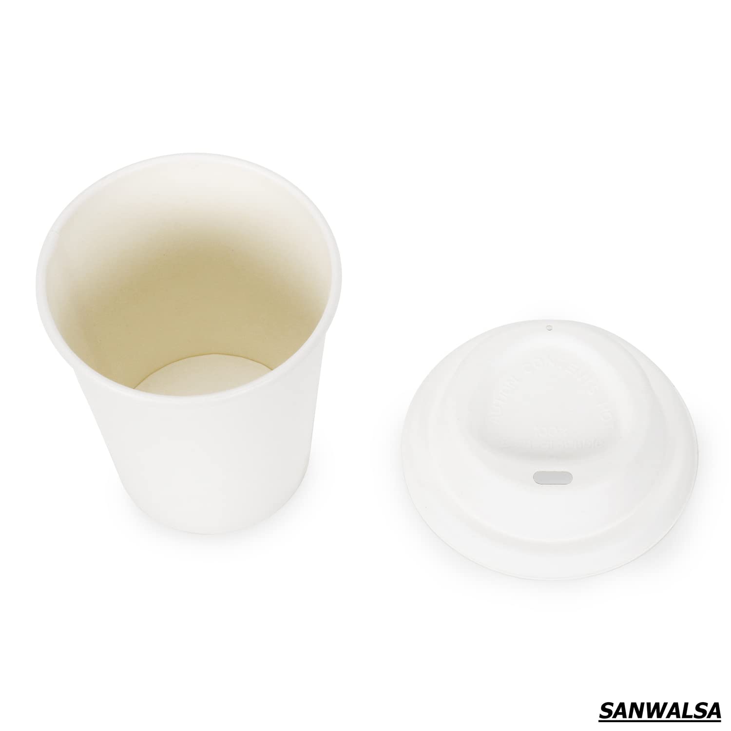 SANWALSA 25-Pack Biodegradable Paper Coffee Cups with Lids, 240ml (8oz) - White Disposable Tea & Coffee Cups for Home, Office, or Cafe Use