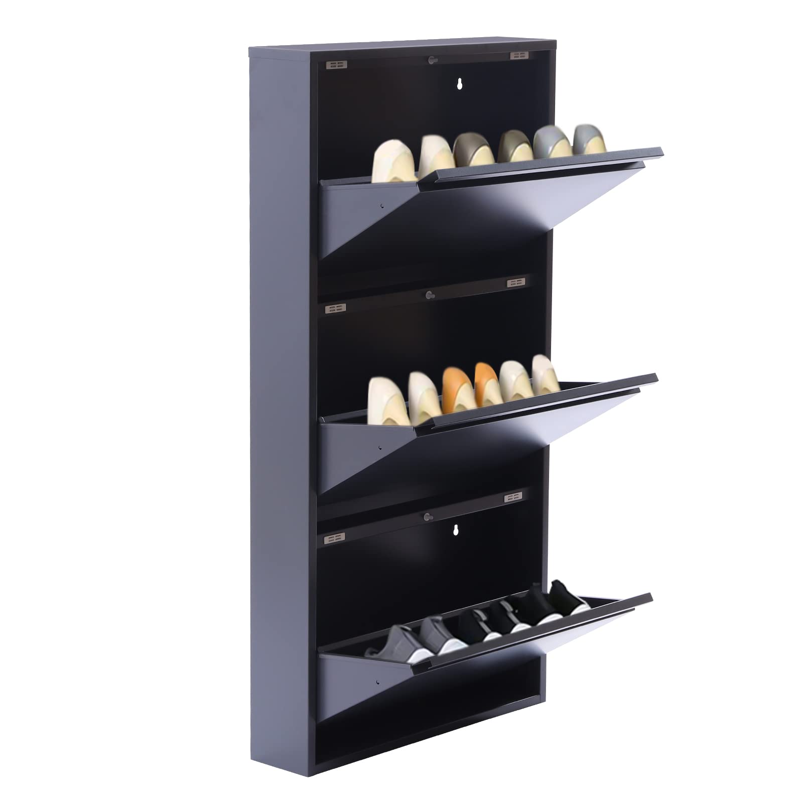 3 Drawer Wall Mounted Shoe Storage Cabinet - No Assembly Metal Shoe Organizer for Entryway, Hallway & Corridor | Holds 9 Pairs of Shoes | Space Saving Grey Cabinet for Small Apartments & Closet Organization