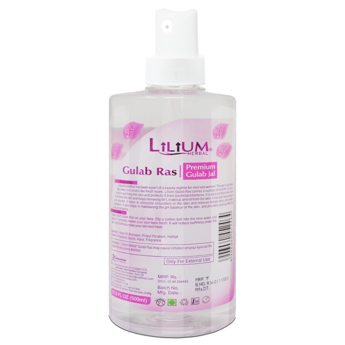 Lilium Gulab Ras Pure Rose Water 500ml - Natural Hydrating Facial Toner for Skin Care & Aromatherapy