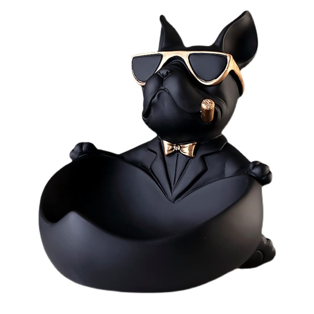 KAMWD Resin Key Bowl - Bulldog Statue Decor for Entryway, Hall Table & Coffee Table | Modern Animal Dog Figurine Storage Box for Keys, Coins & Jewelry | Black Decorative Tray for Home & Office Use
