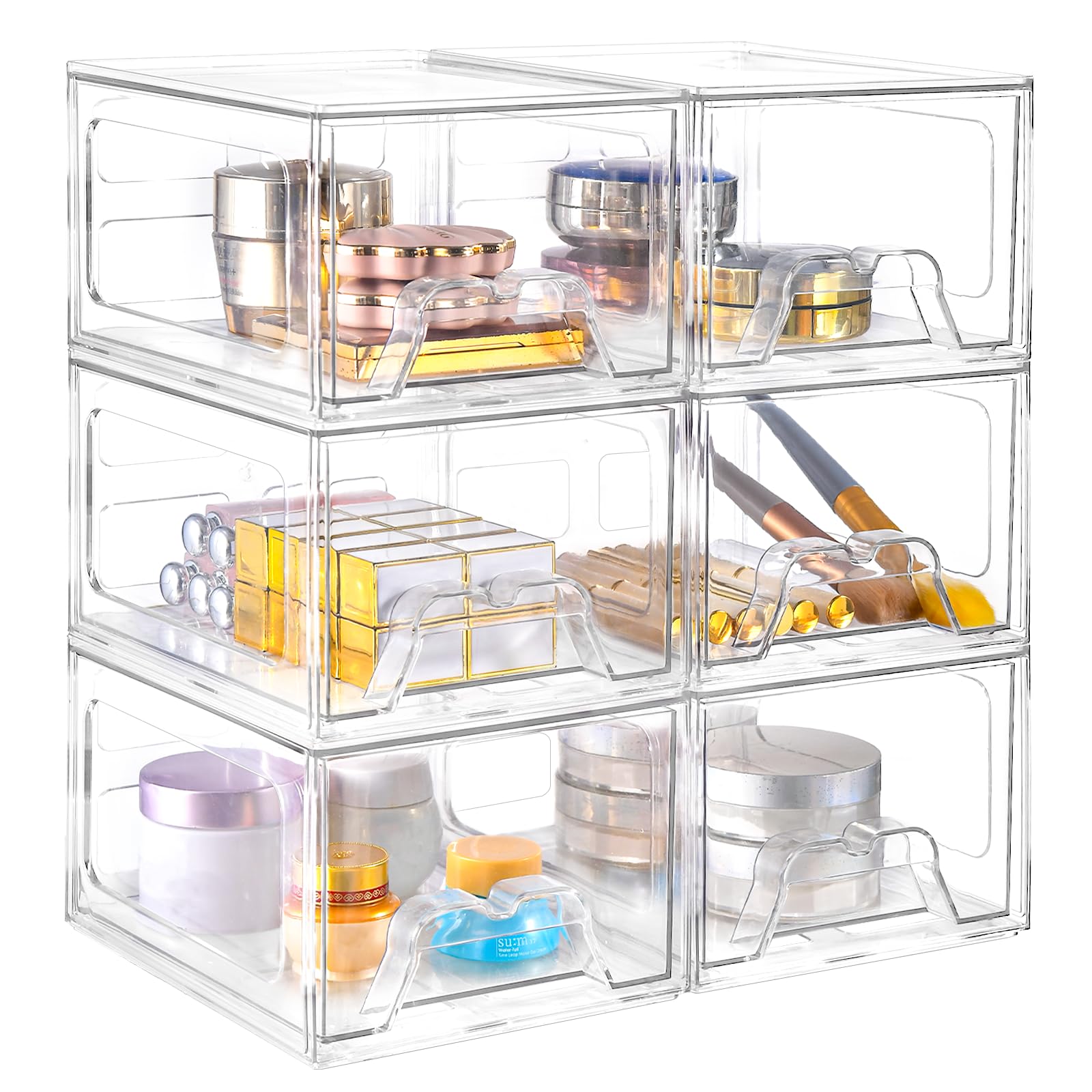 6 Pack Stackable Acrylic Makeup Organizer with Pull-out Handles, 4.4