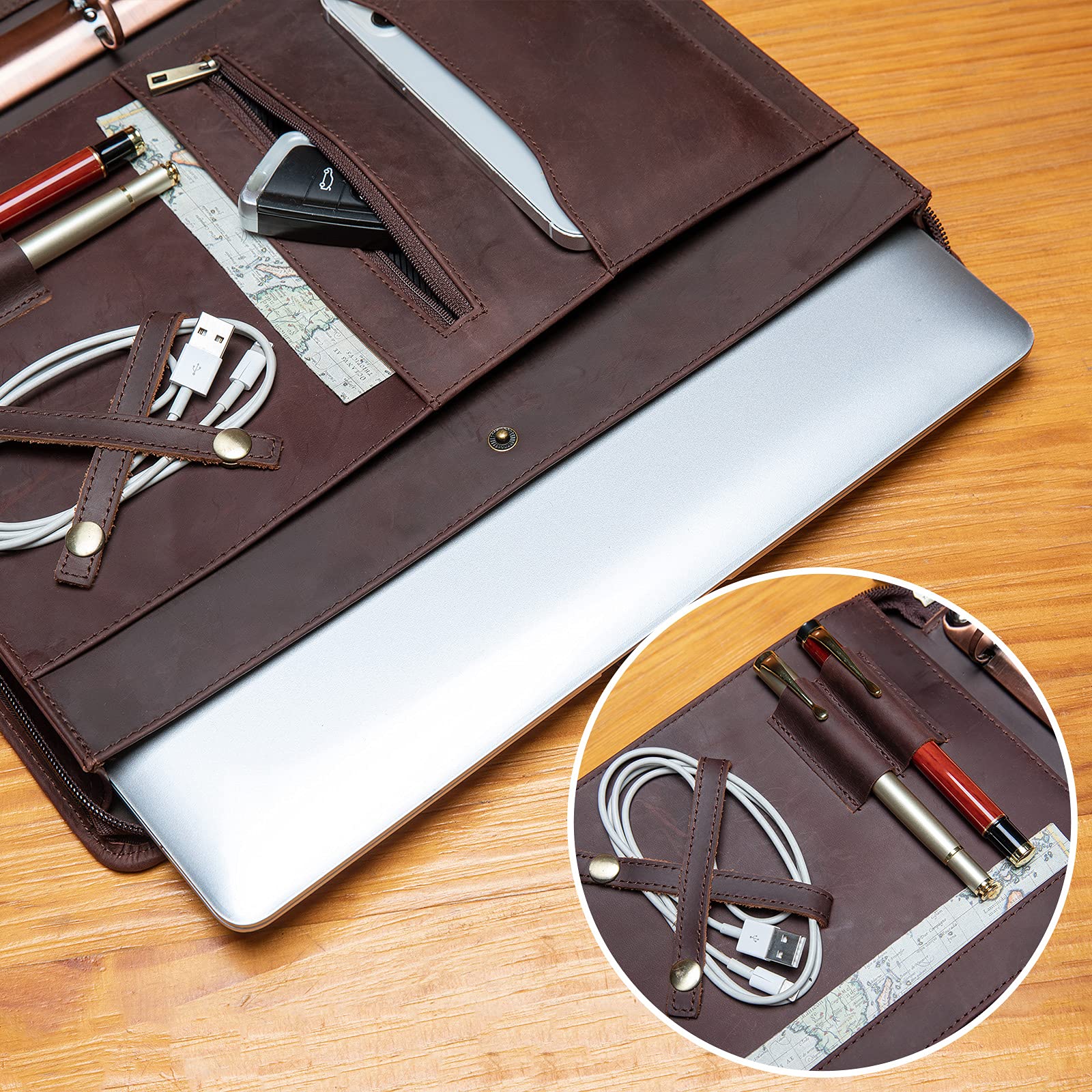 YIWEN Handmade Genuine Leather Portfolio - Zippered Business Organizer with 3-Ring Binder & Tablet Pocket | Professional Resume Folder & Notebook Organizer (Dark Brown, Custom Engraved) | Perfect for Office Meetings, Job Interviews & Corporate Gifts