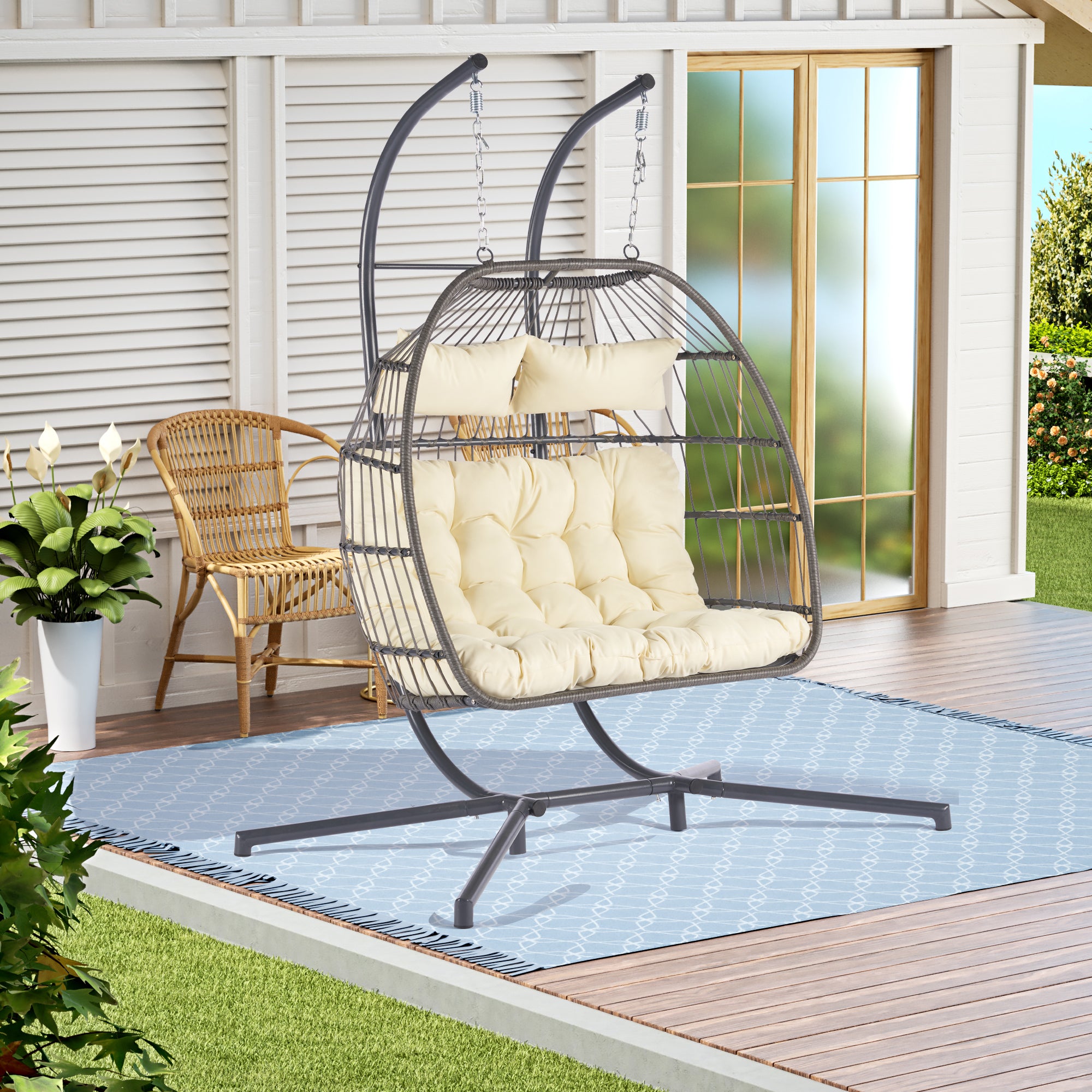 2 Person Outdoor Rattan Hanging Chair - Patio Wicker Egg Chair for Backyard, Garden, or Balcony Relaxation