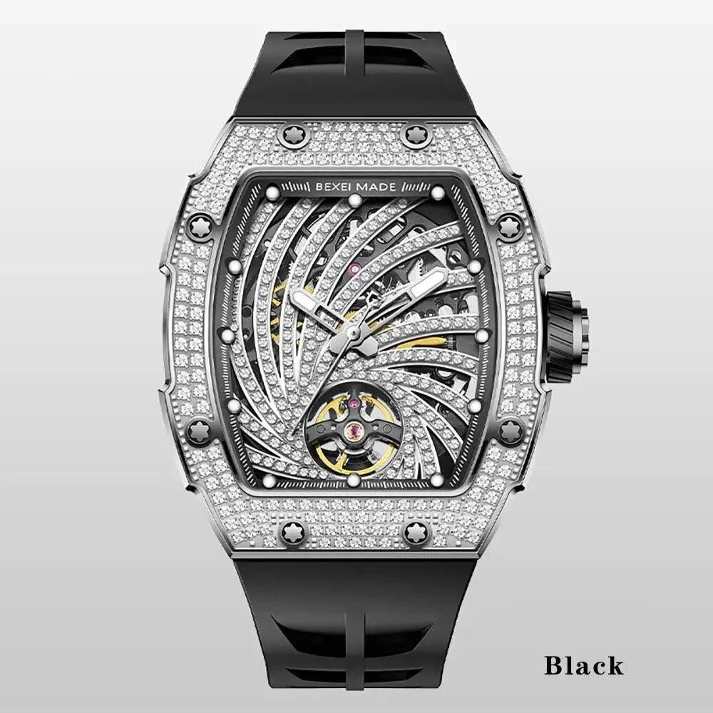 BEXEI 9165 Men's Luxury Automatic Mechanical Watch with Zircon Inlay, 80-Hour Power Reserve, Barrel-Shaped Sapphire Crystal, Luminous Hands, Waterproof - Perfect for Business, Formal Events & Daily Wear