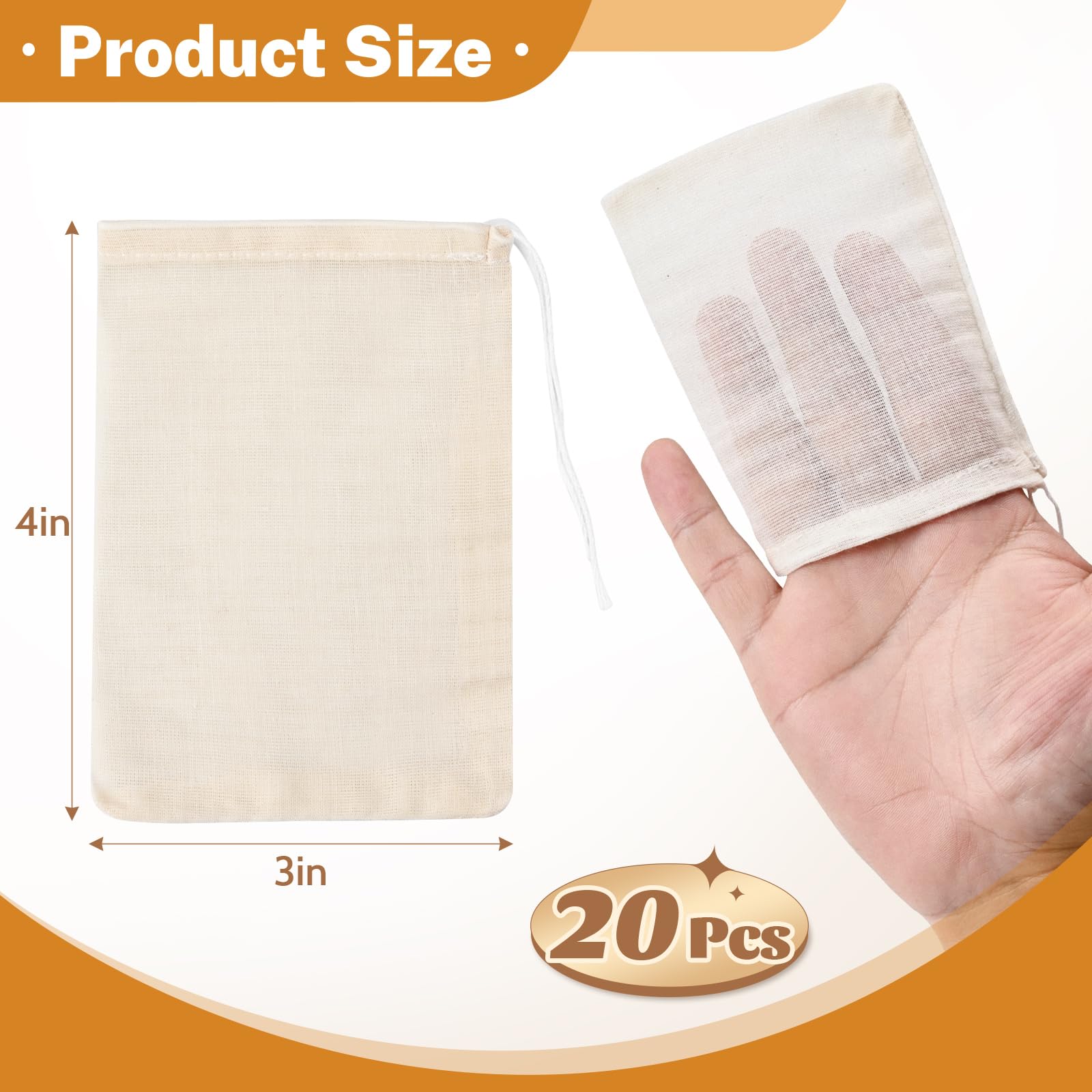 20 Pcs Natural Cotton Muslin Drawstring Bags - Reusable Tea Bags & Spice Sachets for Loose Leaf Tea, Herbs, Soup Seasoning - 4x3 Inch Cheesecloth Strainer Bags for Brewing, Cooking & DIY Crafts