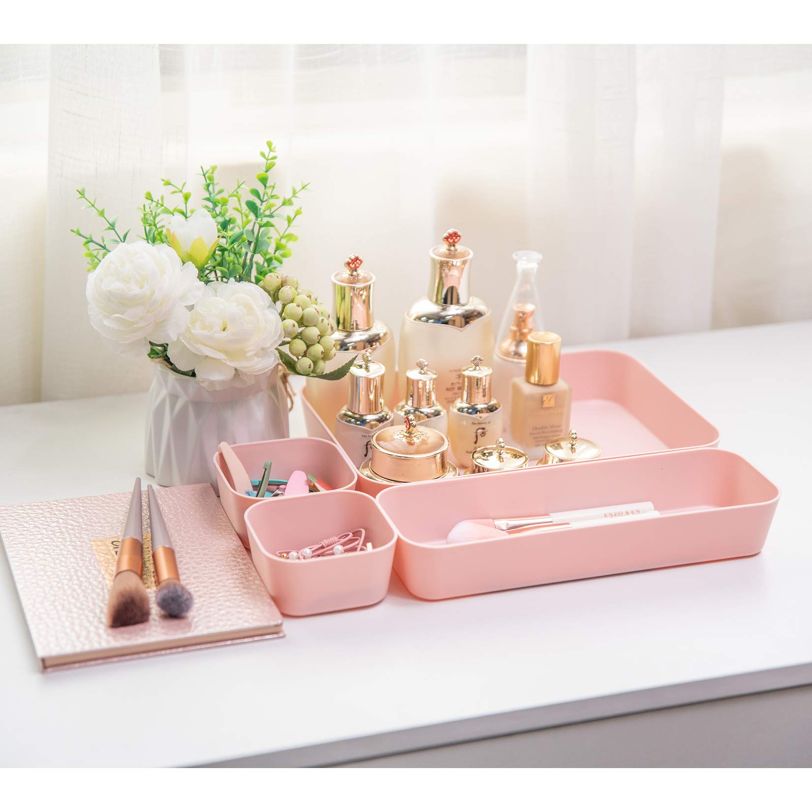 12-Pack Pink Plastic Drawer Organizers for Makeup, Bathroom, Office & Kitchen - Stackable Storage Containers for Vanity, Desk & Cabinet Organization (Home & Office Use)